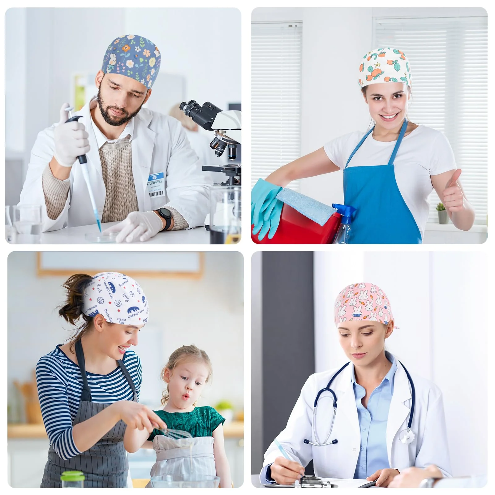 Moxiewell Pack of 6 surgical caps with laces, scrubbing cap, printed hat with button and cotton sweatband, adjustable, full hair cover, unisex doctor cap, multicoloured, 53 - Image 7