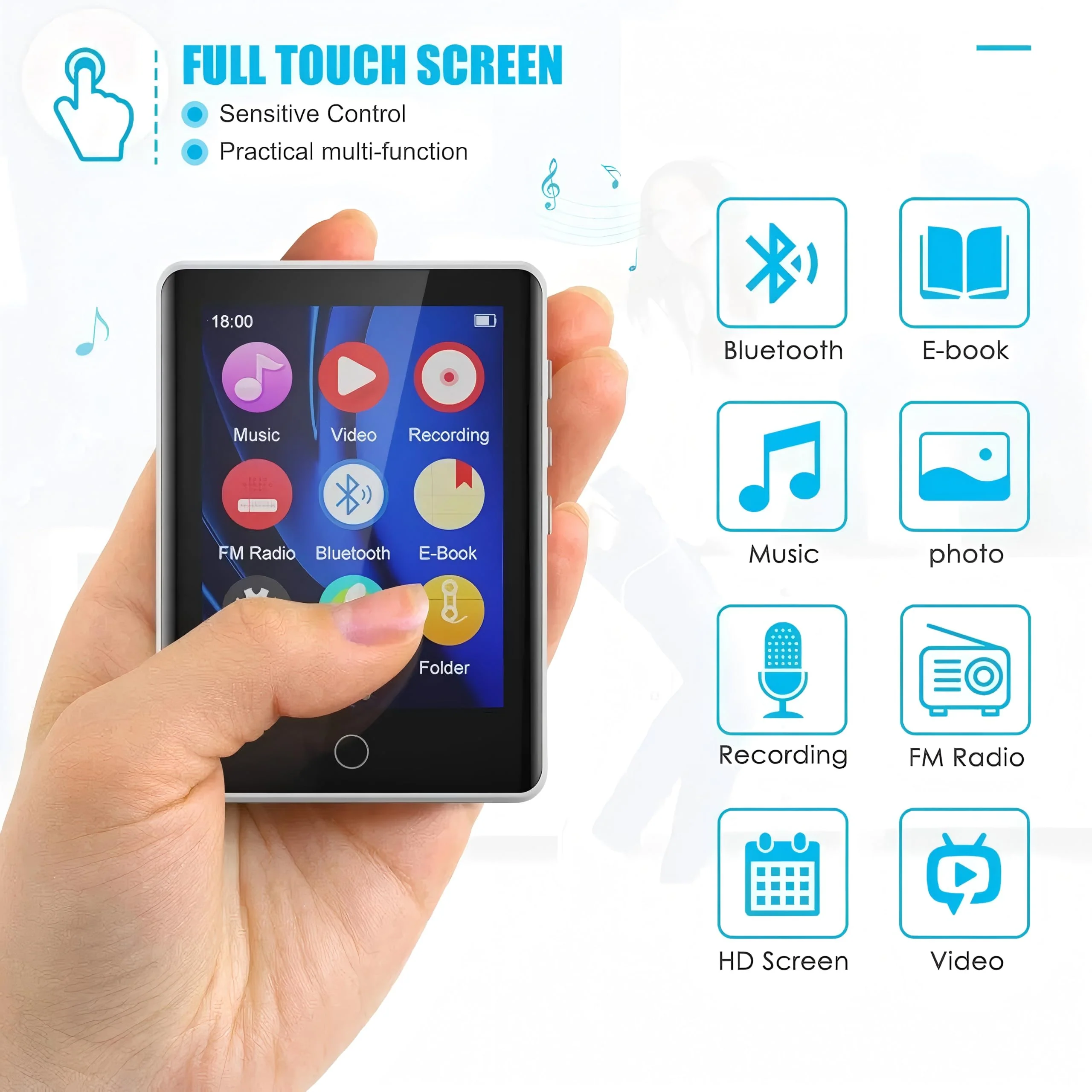 MP3 Player 32GB with Bluetooth 5.0, Upgraded 2.8" Full Touchscreen Mp4 Mp3 Player with Speaker, Portable HiFi Lossless Sound Music Player for Walking Running, Supports up to 128GB TF Card (White) white - Image 2