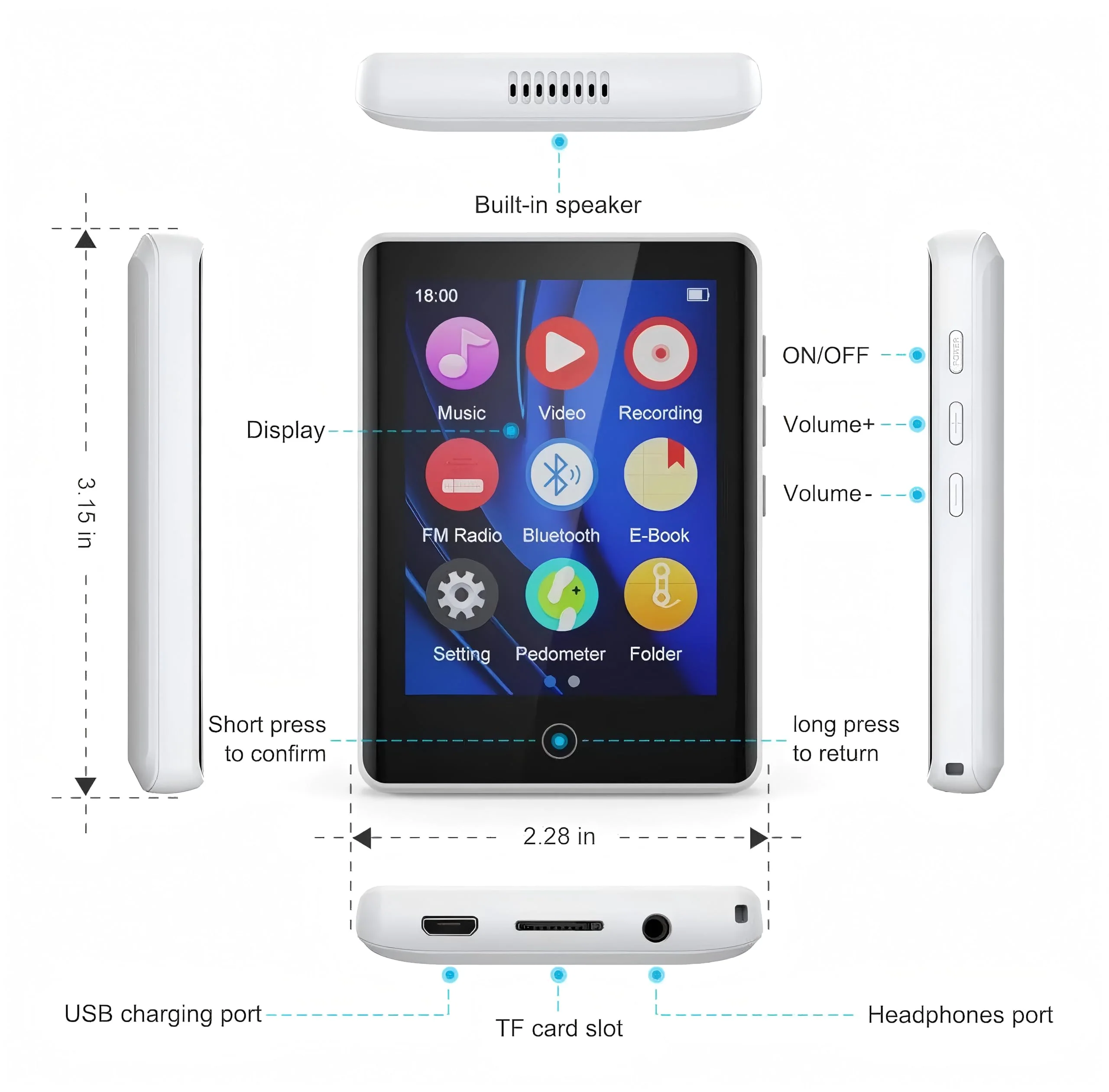 MP3 Player 32GB with Bluetooth 5.0, Upgraded 2.8" Full Touchscreen Mp4 Mp3 Player with Speaker, Portable HiFi Lossless Sound Music Player for Walking Running, Supports up to 128GB TF Card (White) white - Image 7