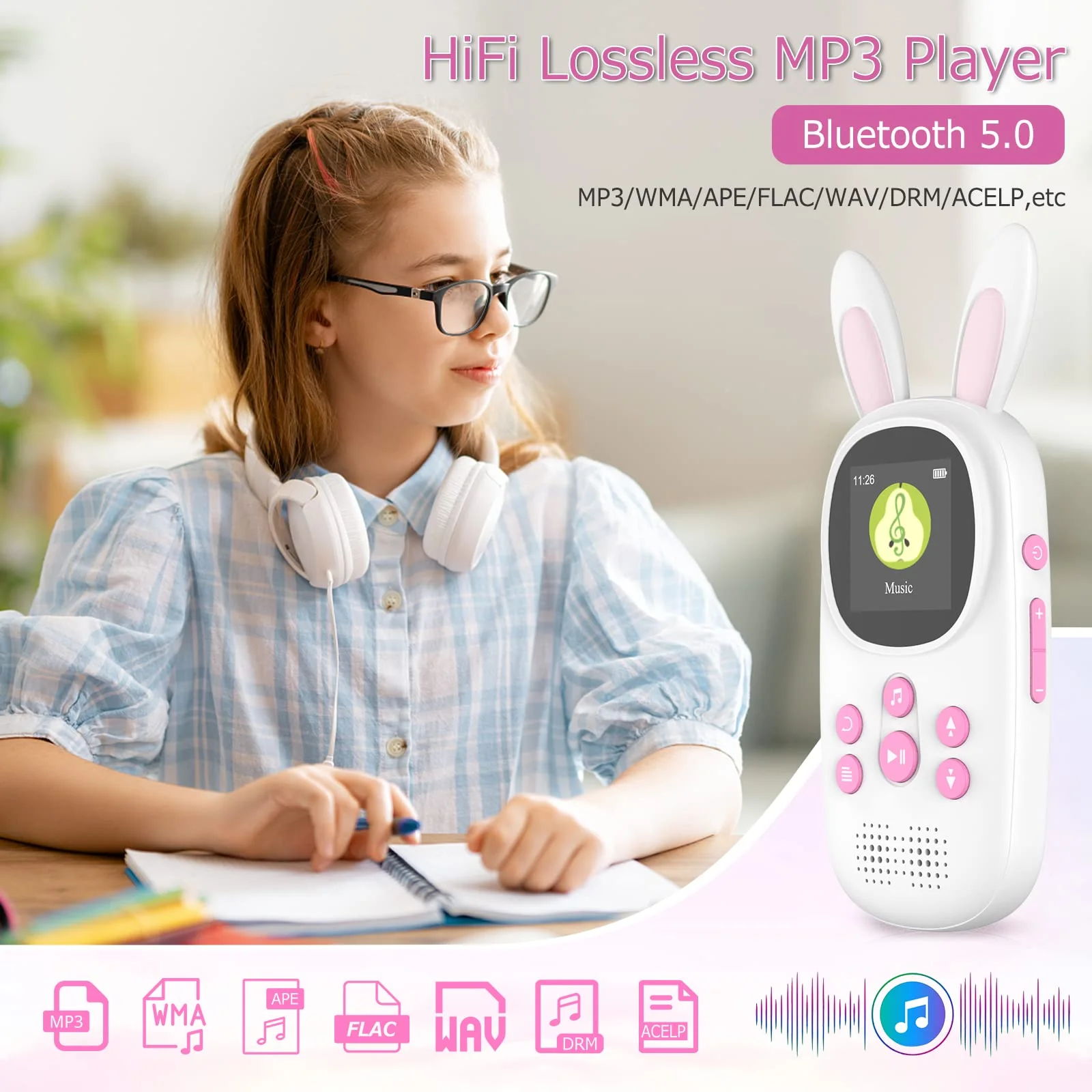 Mp3 Player for Kids, Cute Bunny Kids Mp3 Player with Bluetooth, 32GB Mp3 Players with Speaker, FM Radio, Recordings, Alarm, Pedometer, Stopwatch, Support up to 128GB - Image 2