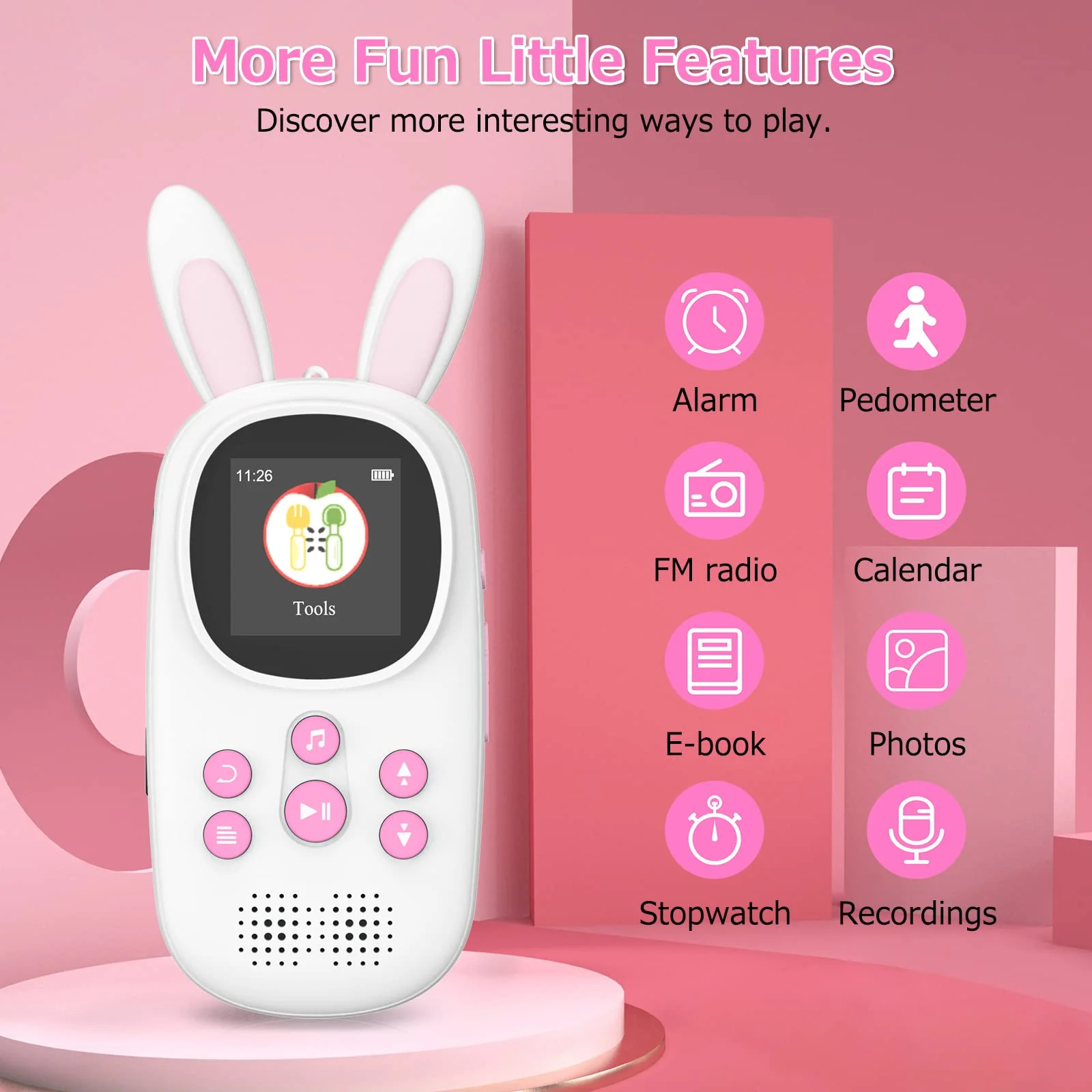 Mp3 Player for Kids, Cute Bunny Kids Mp3 Player with Bluetooth, 32GB Mp3 Players with Speaker, FM Radio, Recordings, Alarm, Pedometer, Stopwatch, Support up to 128GB - Image 3
