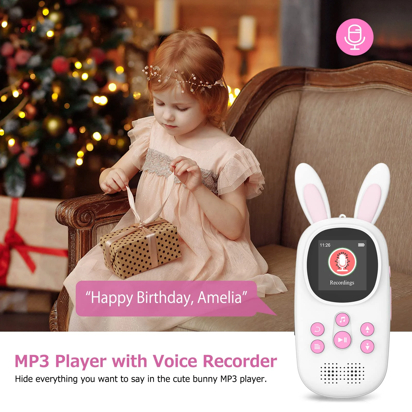 Mp3 Player for Kids, Cute Bunny Kids Mp3 Player with Bluetooth, 32GB Mp3 Players with Speaker, FM Radio, Recordings, Alarm, Pedometer, Stopwatch, Support up to 128GB - Image 4