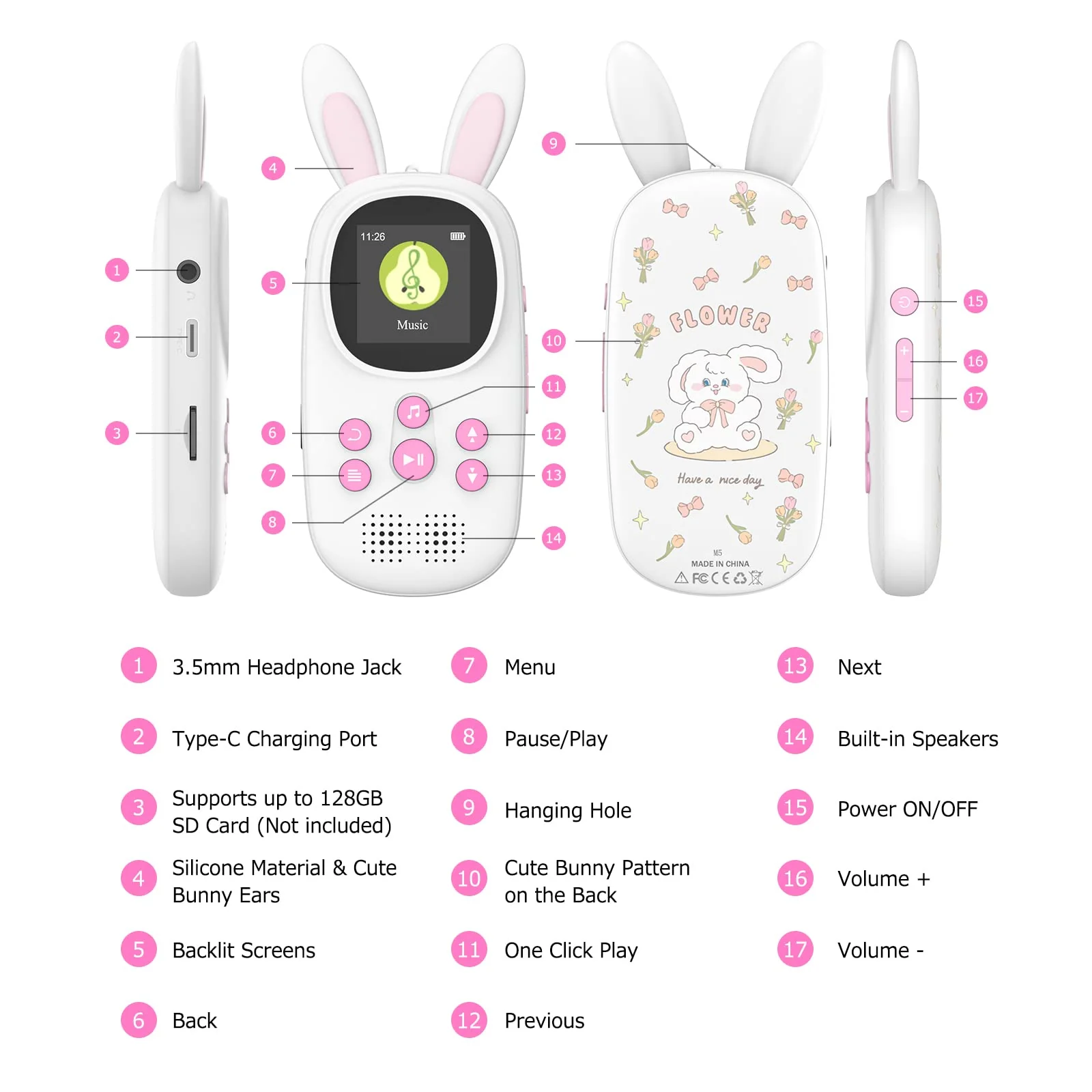 Mp3 Player for Kids, Cute Bunny Kids Mp3 Player with Bluetooth, 32GB Mp3 Players with Speaker, FM Radio, Recordings, Alarm, Pedometer, Stopwatch, Support up to 128GB - Image 8
