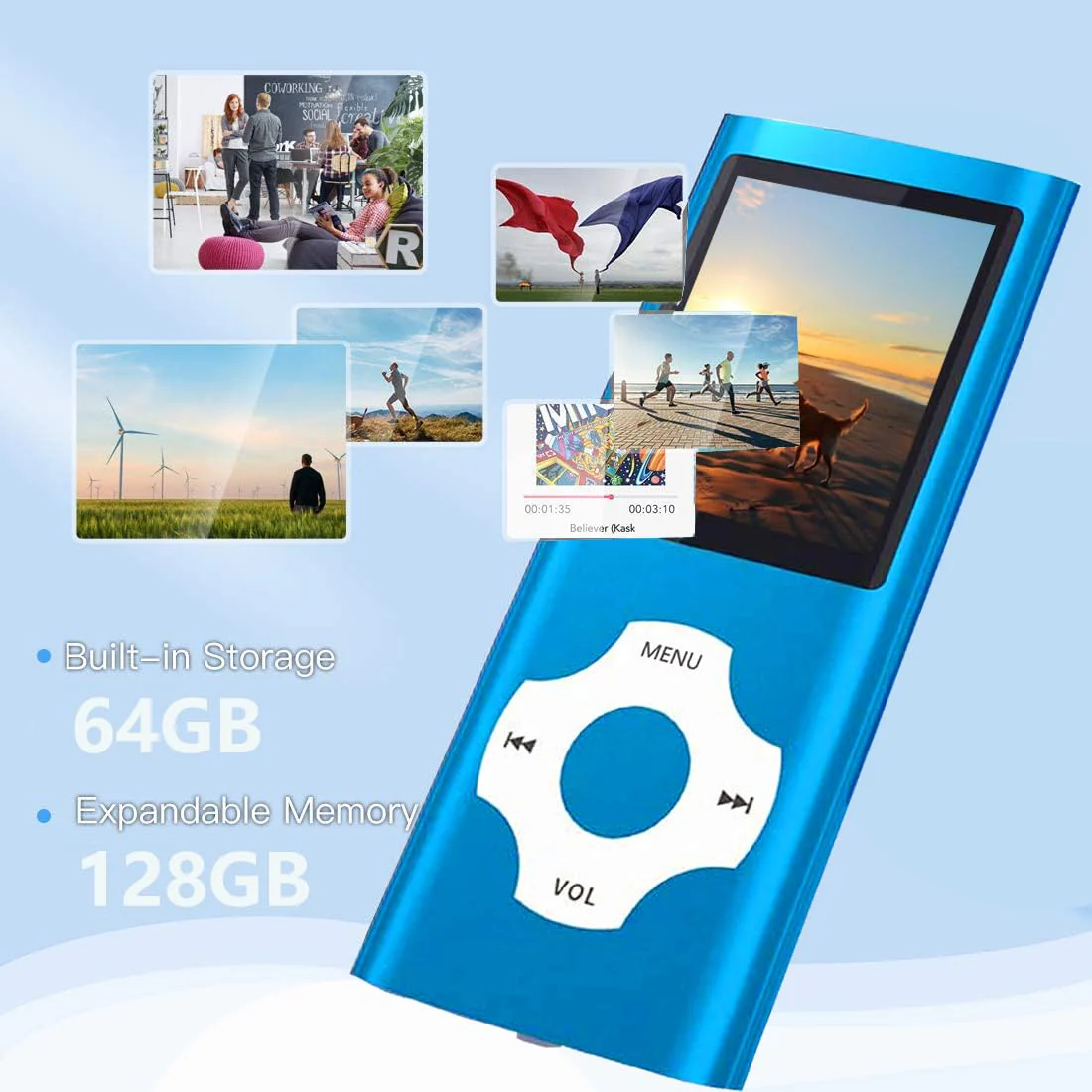 MP3 Player, Hotechs MP3 Music Player with 32GB Memory SD Card Slim Classic Digital LCD 1.82'' Screen MINI USB Port with FM Radio, Voice Record Blue - Image 2