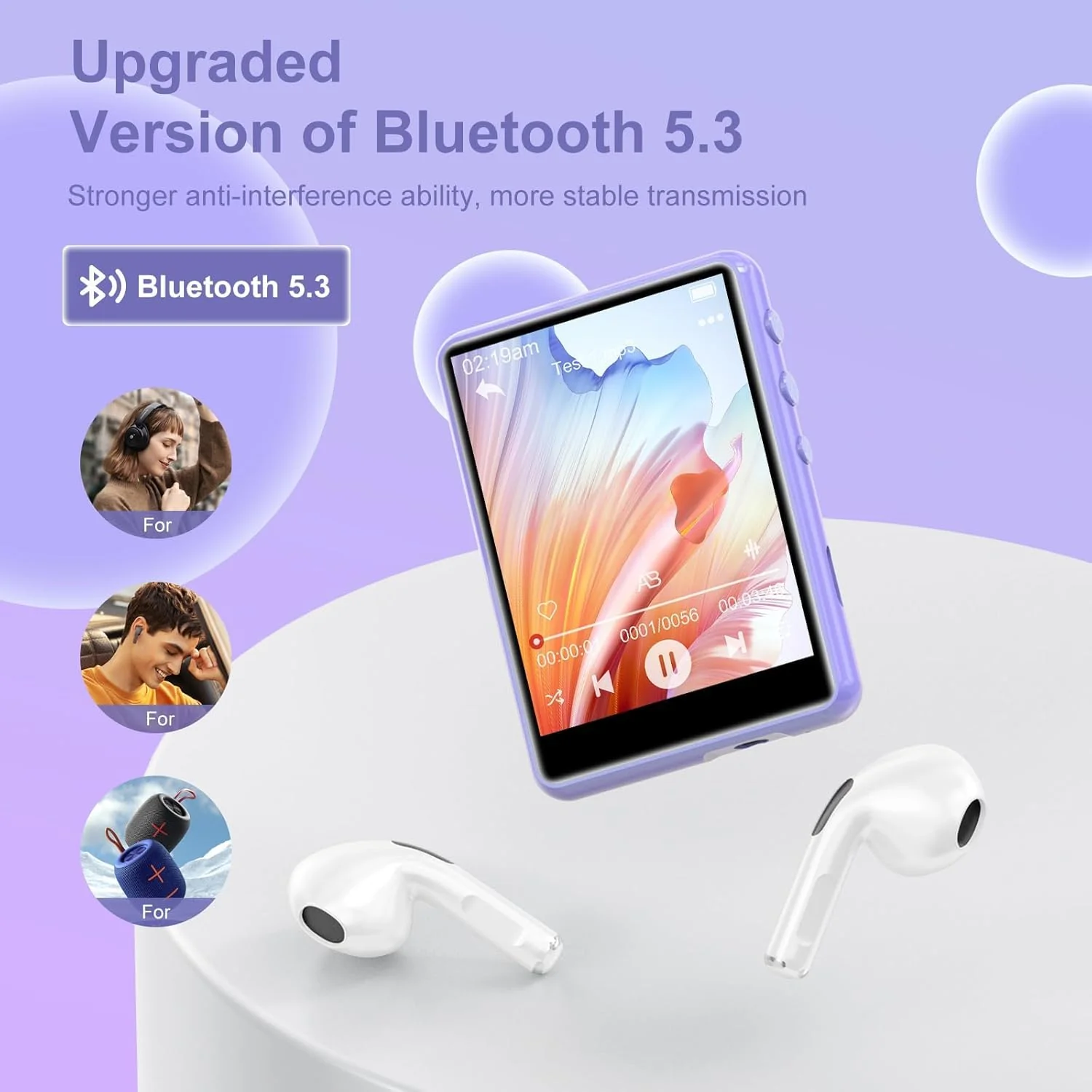 MP3 Player with Bluetooth 5.3, 2.4" Portable HiFi Music Player with FM Radio/HD Speaker/E-Book/Photo/Video/Alarm Clock, Digital Music Player Earphones Included 64GB-Purple - Image 2