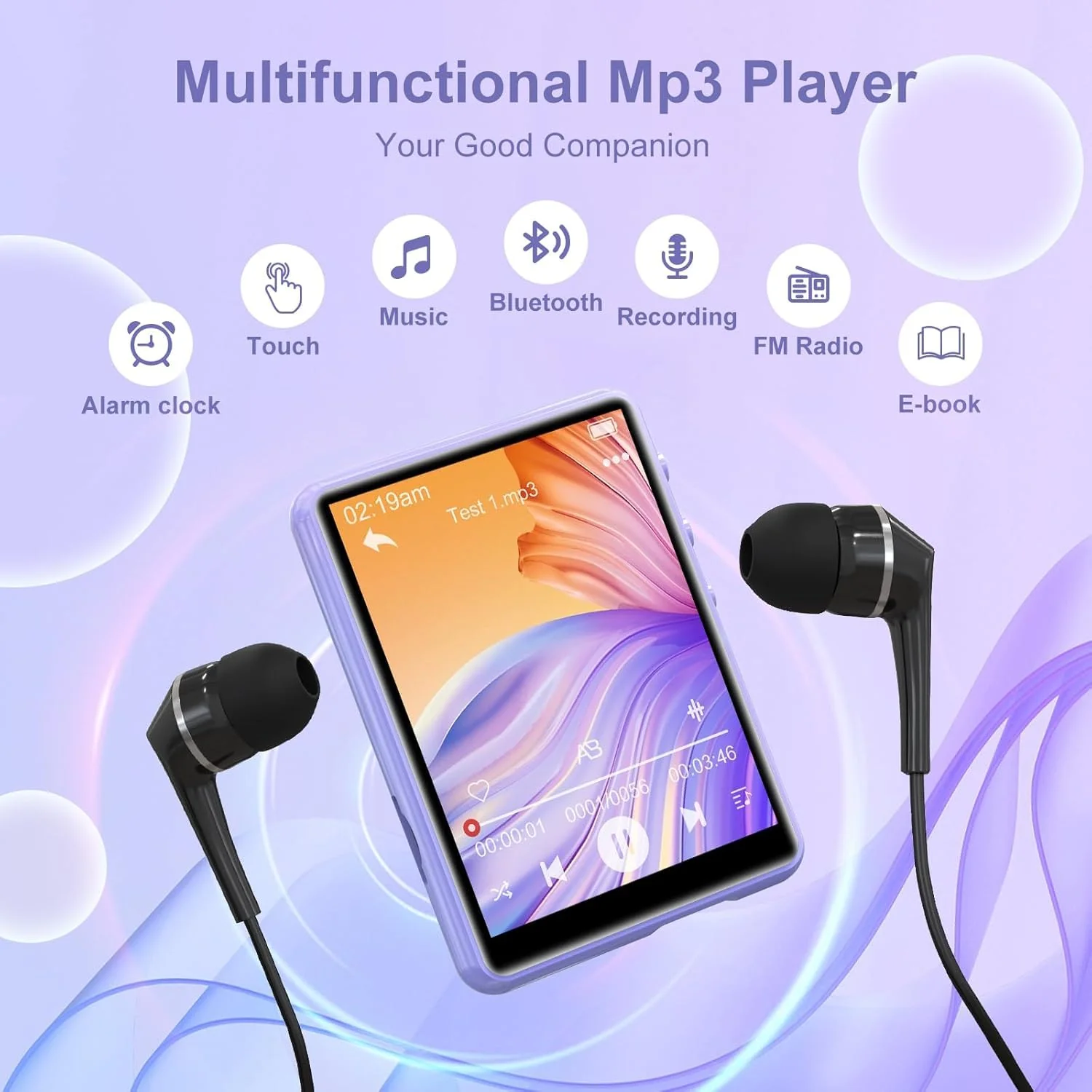 MP3 Player with Bluetooth 5.3, 2.4" Portable HiFi Music Player with FM Radio/HD Speaker/E-Book/Photo/Video/Alarm Clock, Digital Music Player Earphones Included 64GB-Purple - Image 7