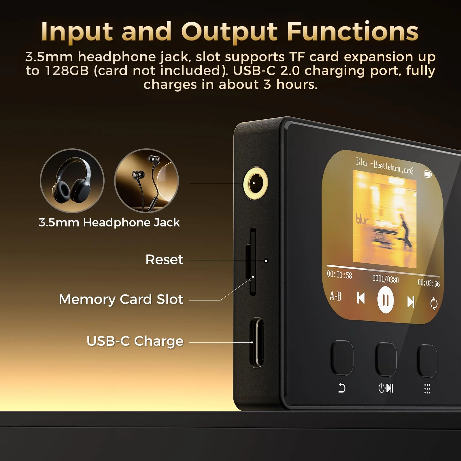 MP3 Player with Bluetooth 5.3, Diofox MP3 & MP4 Player, Portable Hi-Fi Lossless Music Player with Built-in Speakers, FM Radio, and Voice Recording, Comes with Headphones Black - Image 4