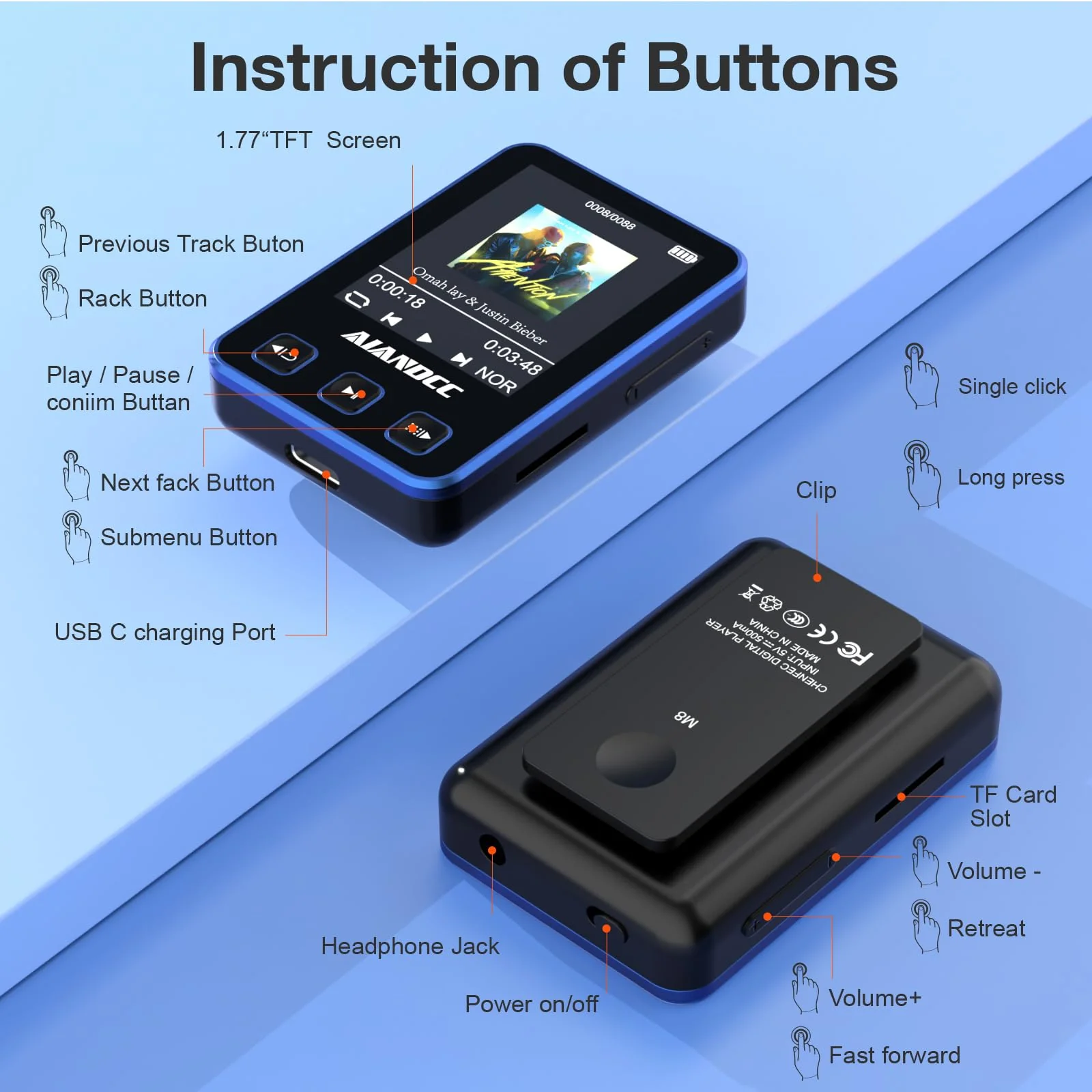 Mp3 Player with Bluetooth 5.3, HiFi Music Player with Sports Clip and Armband, 1.77-inch TFT Color Screen, 32GB mp3 Player for Kids Adults, Earphones Included, TF Card can be Inserted Purple - Image 4