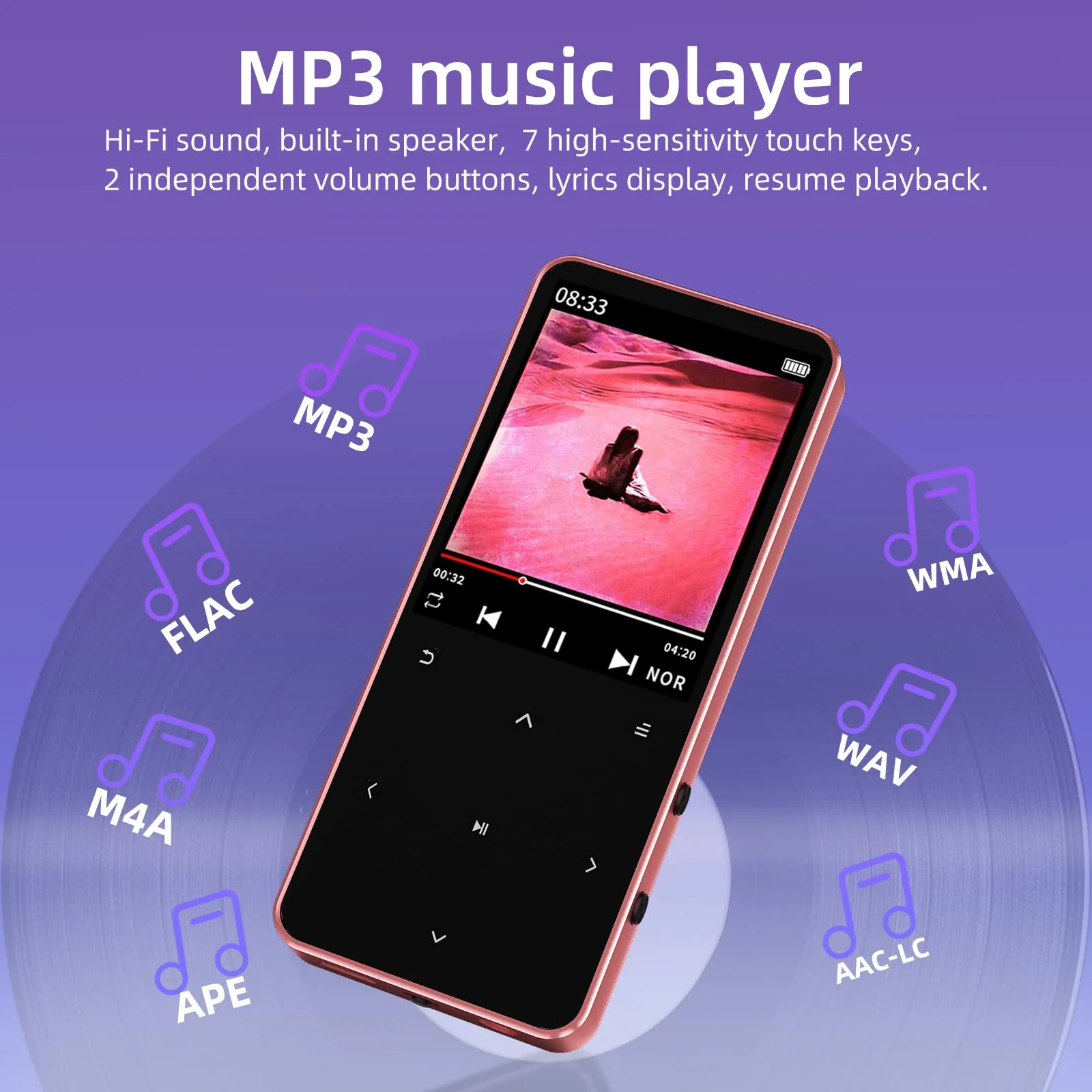 Mp3 Player with Bluetooth 5.3, Portable Digital Mp3 Music Player with Speaker, FM Radio, Voice Recorder, E-Book, Touch Buttons, Supports up to 128GB, (Rose Gold,32GB) Rose Gold 32GB - Image 2