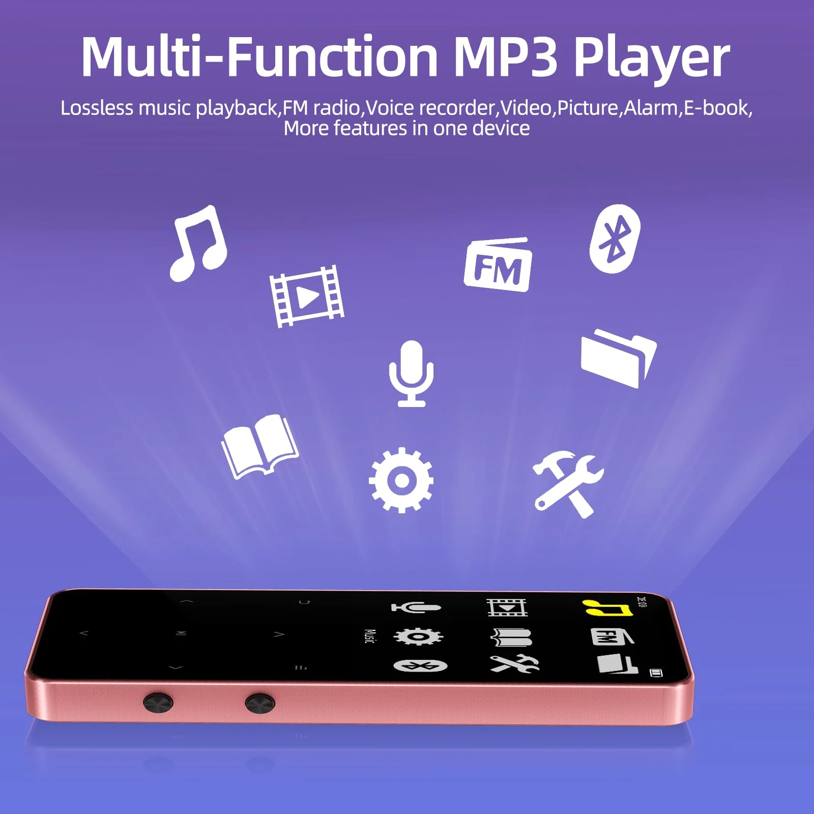 Mp3 Player with Bluetooth 5.3, Portable Digital Mp3 Music Player with Speaker, FM Radio, Voice Recorder, E-Book, Touch Buttons, Supports up to 128GB, (Rose Gold,32GB) Rose Gold 32GB - Image 3
