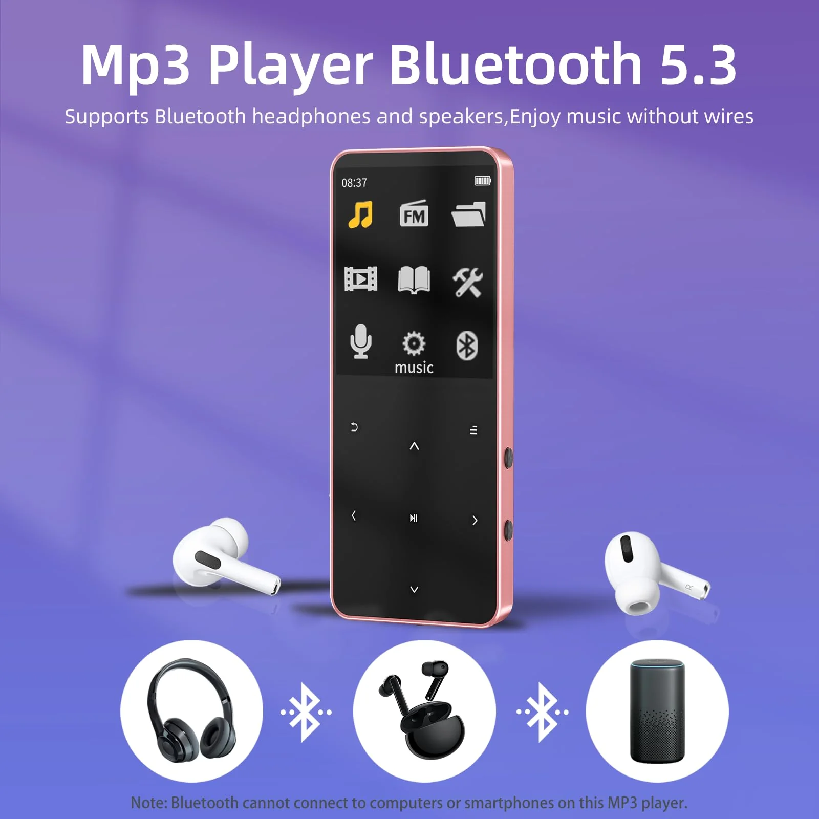 Mp3 Player with Bluetooth 5.3, Portable Digital Mp3 Music Player with Speaker, FM Radio, Voice Recorder, E-Book, Touch Buttons, Supports up to 128GB, (Rose Gold,32GB) Rose Gold 32GB - Image 4