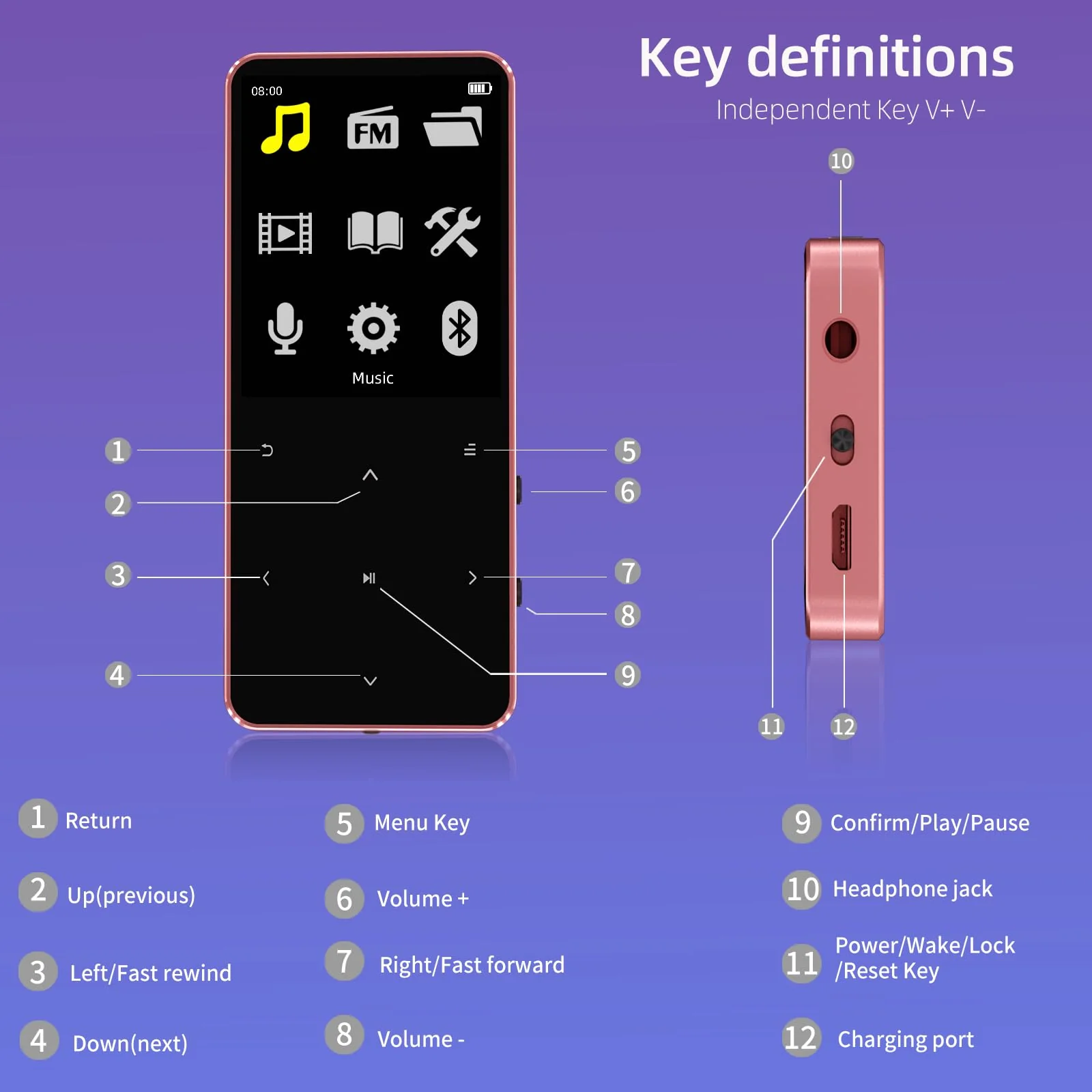 Mp3 Player with Bluetooth 5.3, Portable Digital Mp3 Music Player with Speaker, FM Radio, Voice Recorder, E-Book, Touch Buttons, Supports up to 128GB, (Rose Gold,32GB) Rose Gold 32GB - Image 6