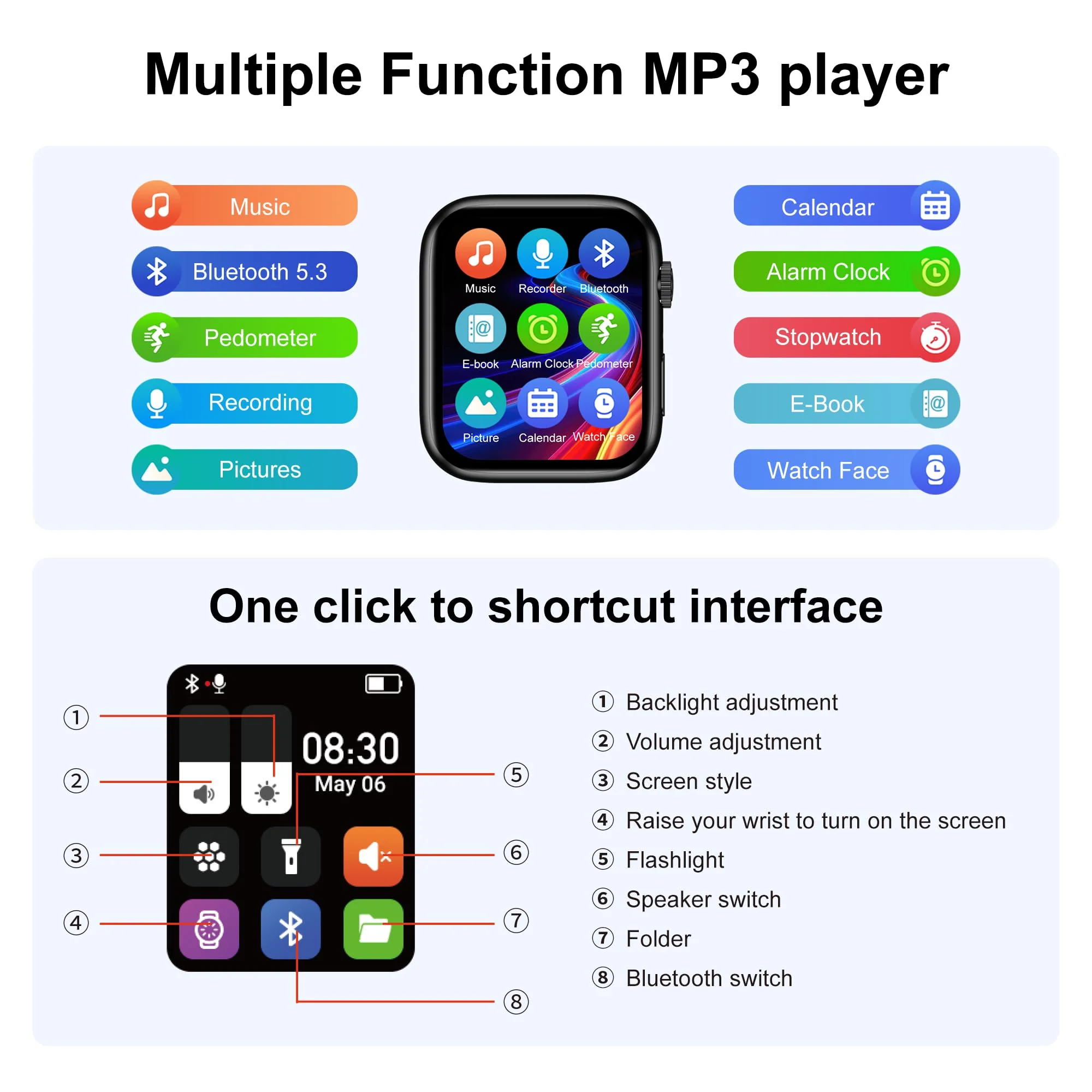 MP3 Player with Bluetooth 5.3 - SWOFY M2 32GB Touchscreen Music Player with Detachable Strap,Built-in Speaker,1.91'' IPS Display,Portable Sport MP3 Players for Running,Gym,Kids & Adults - Black - Image 8