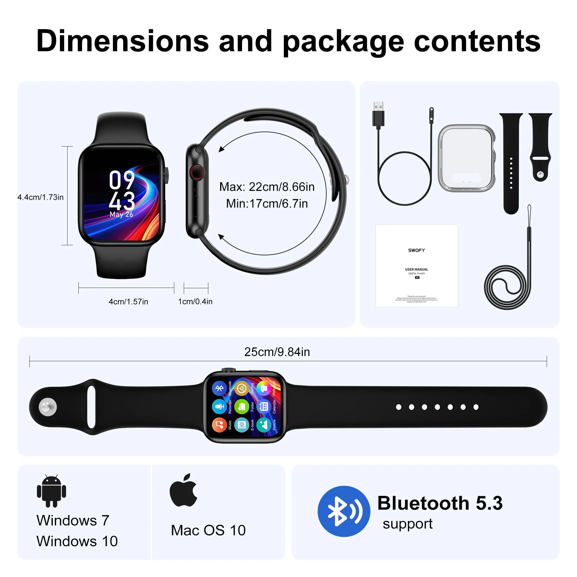 MP3 Player with Bluetooth 5.3 - SWOFY M2 32GB Touchscreen Music Player with Detachable Strap,Built-in Speaker,1.91'' IPS Display,Portable Sport MP3 Players for Running,Gym,Kids & Adults - Black - Image 9