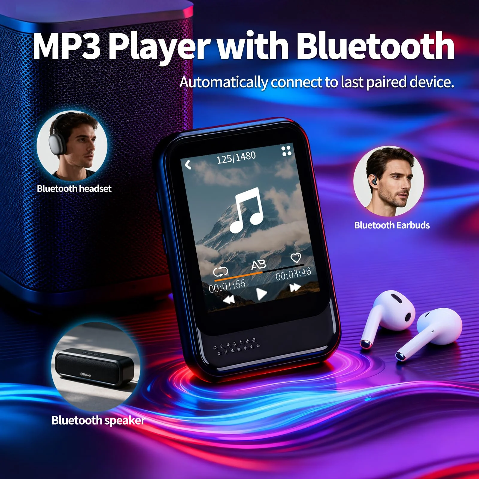 MP3 Player with Bluetooth,Mini MP3 Player with Speaker,Built-in Micro SD Card Slot,Portable Music Player with FM Radio,Video,Voice Recorder,Earphones, for Kids,Sports and Gifts,Max 512GB Expand 16GB - Image 2