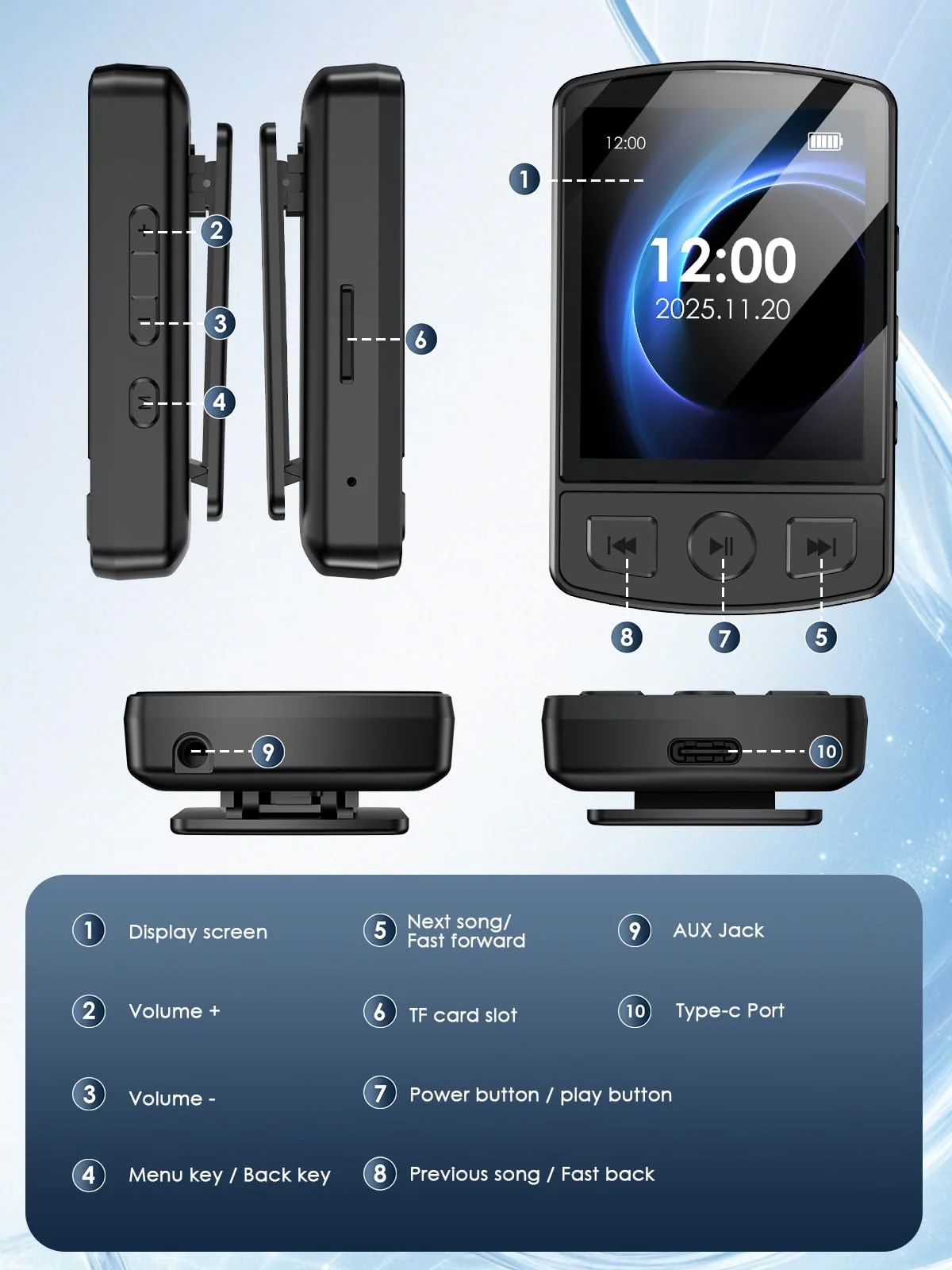 MP3 Player with Clip 64GB Mini MP3 Player with Bluetooth 5.2,Portable MP3 Music Player with Earphones,HiFi-Speaker,FM Radio,Voice Recorder,E-Book for Outdoor,Home,Sporting(Black) Black - Image 8