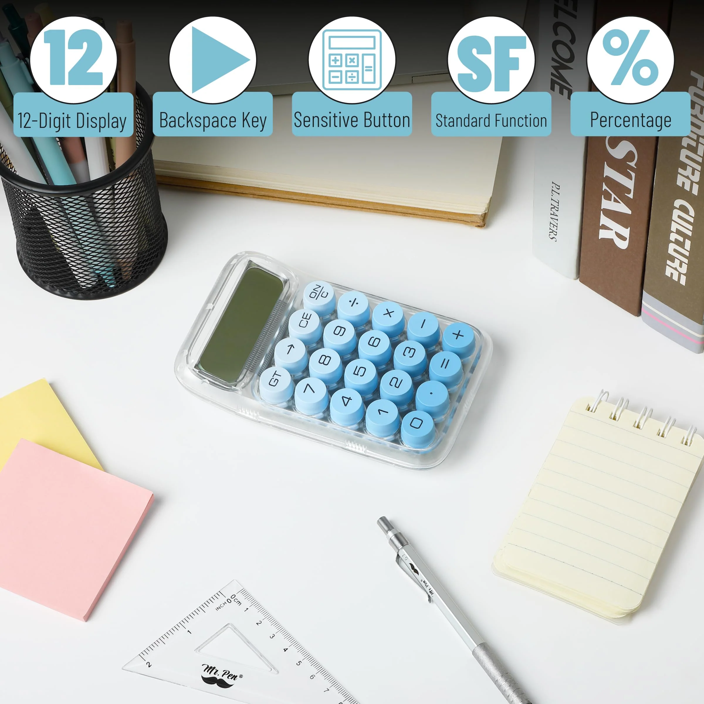 Mr. Pen- Mechanical Switch Calculator, 10 Digits, Blue Calculator, Transparent Body, Large LCD Display, Big Buttons Mechanical Calculator Desktop Calculator, Cute Calculator, Aesthetic Calculator - Image 5