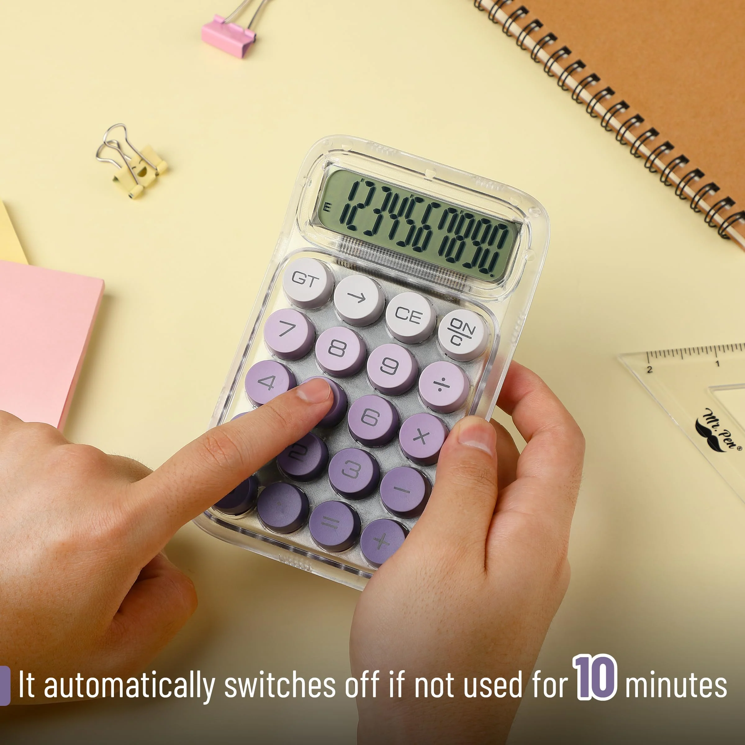 Mr. Pen- Mechanical Switch Calculator, 10 Digits, Purple Calculator, Transparent Body, Large LCD Display, Big Buttons Mechanical Calculator Desktop Calculator, Cute Calculator, Aesthetic Calculator - Image 4