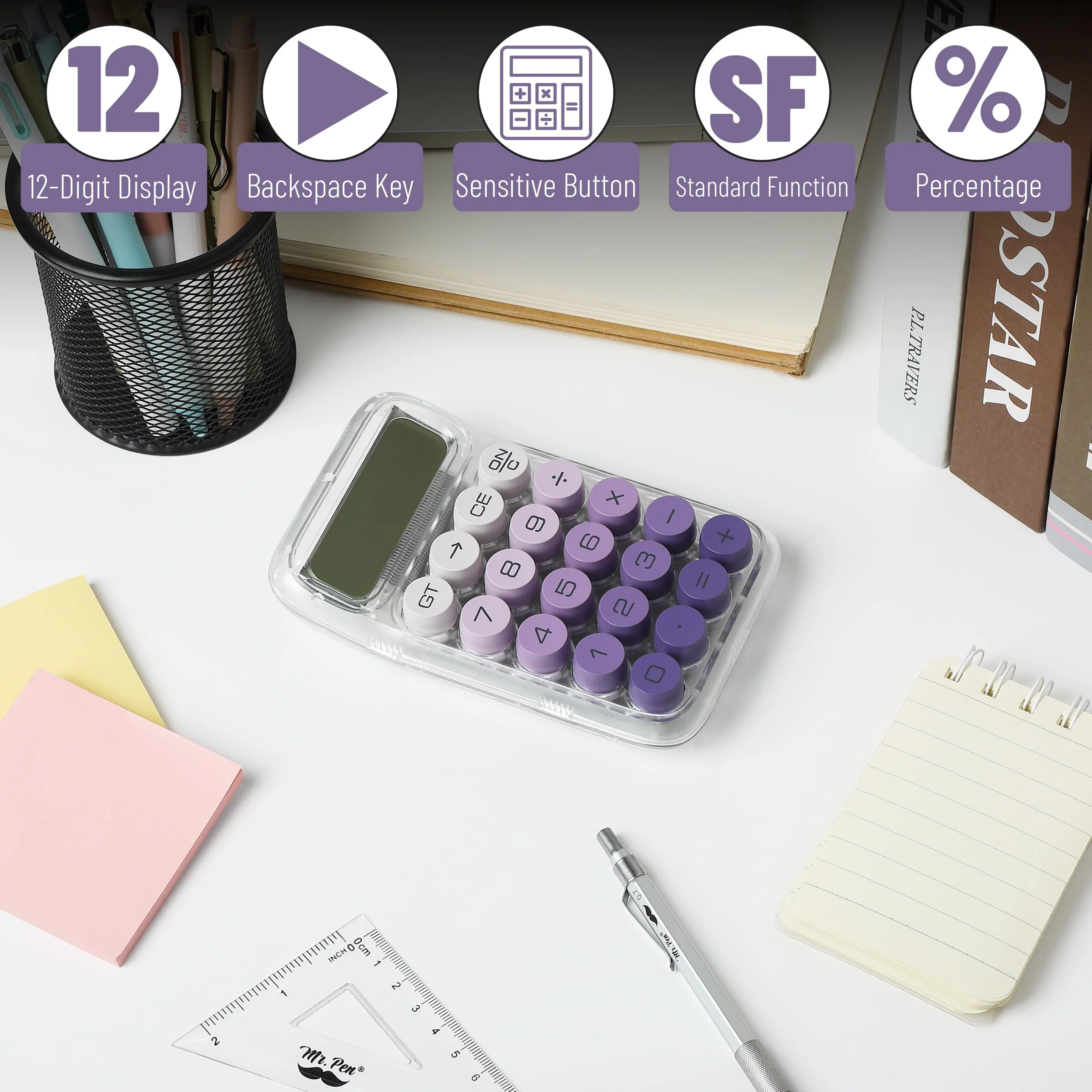 Mr. Pen- Mechanical Switch Calculator, 10 Digits, Purple Calculator, Transparent Body, Large LCD Display, Big Buttons Mechanical Calculator Desktop Calculator, Cute Calculator, Aesthetic Calculator - Image 5