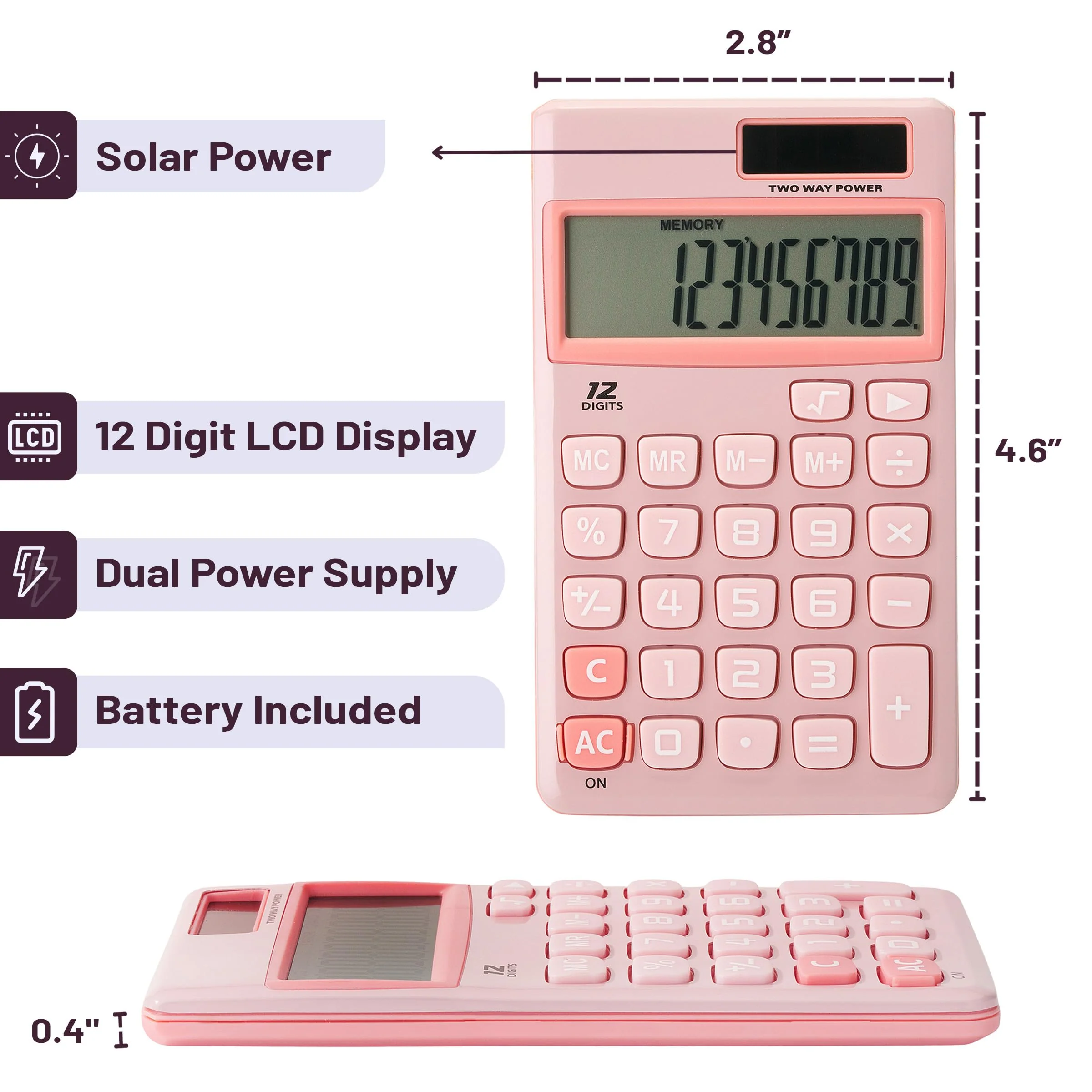 Mr. Pen- Standard Function Calculator, 12 Digits, Small Calculator, Light Pink Solar Calculator, Pocket Calculator, Simple Calculator, Basic Office Calculators, Solar Handheld Calculator - Image 2