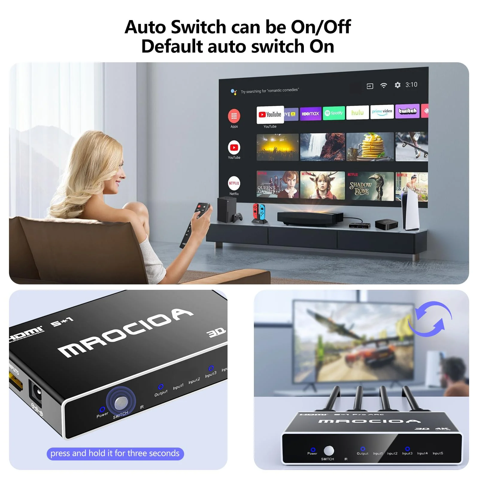 Mrocioa HDMI 2.0 Switch 5 in 1 Out with Remote, 4K@60Hz Splitter Switcher, HDCP 2.3, ARC, CEC, ALLM/VRR, Dolby Vision/HDR10+/Atmos, Aluminum+Acrylic, for PS5/4, Xbox, Apple TV, Fire TV - Image 3