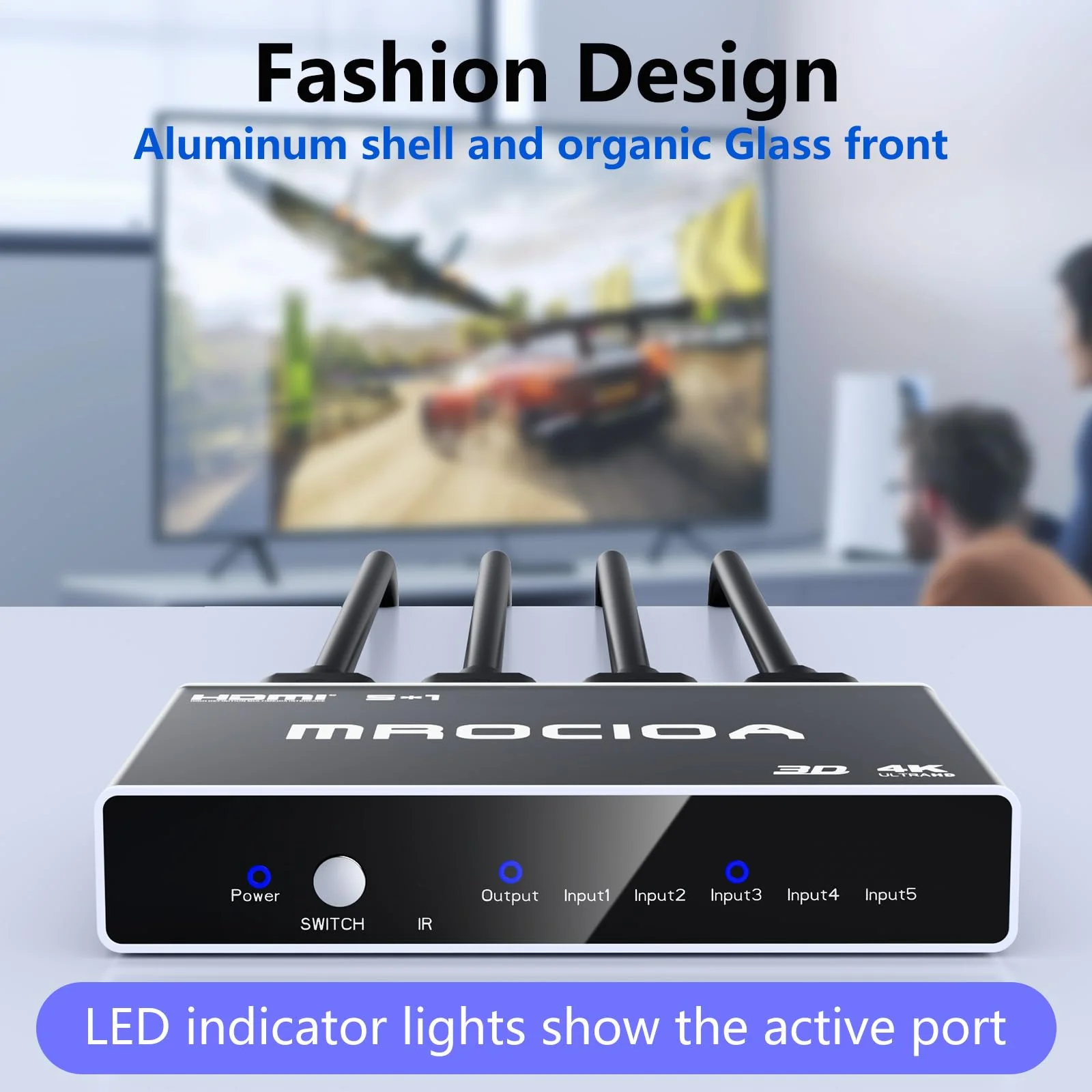 Mrocioa HDMI 2.0 Switch 5 in 1 Out with Remote, 4K@60Hz Splitter Switcher, HDCP 2.3, ARC, CEC, ALLM/VRR, Dolby Vision/HDR10+/Atmos, Aluminum+Acrylic, for PS5/4, Xbox, Apple TV, Fire TV - Image 4