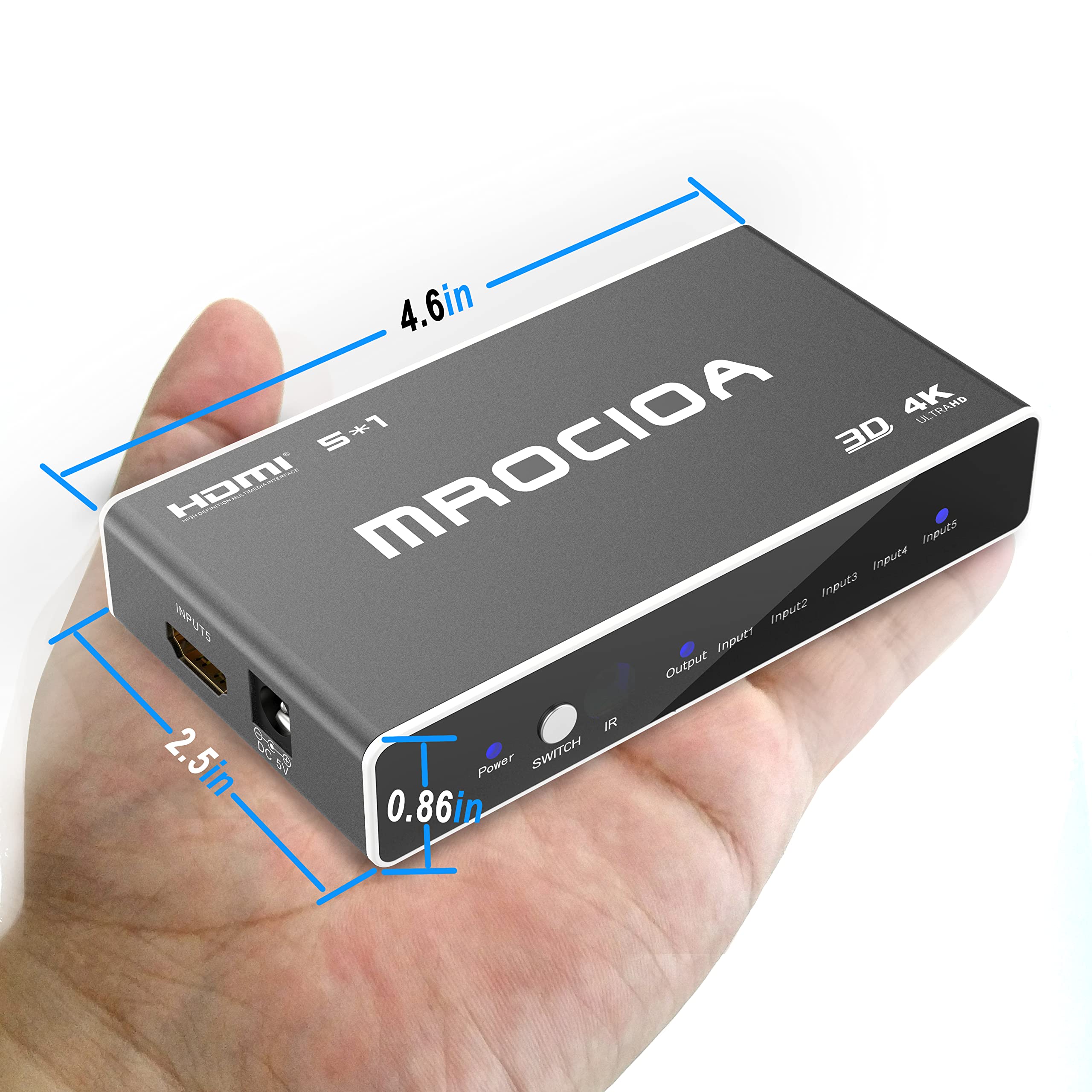 Mrocioa HDMI 2.0 Switch 5 in 1 Out with Remote, 4K@60Hz Splitter Switcher, HDCP 2.3, ARC, CEC, ALLM/VRR, Dolby Vision/HDR10+/Atmos, Aluminum+Acrylic, for PS5/4, Xbox, Apple TV, Fire TV - Image 6