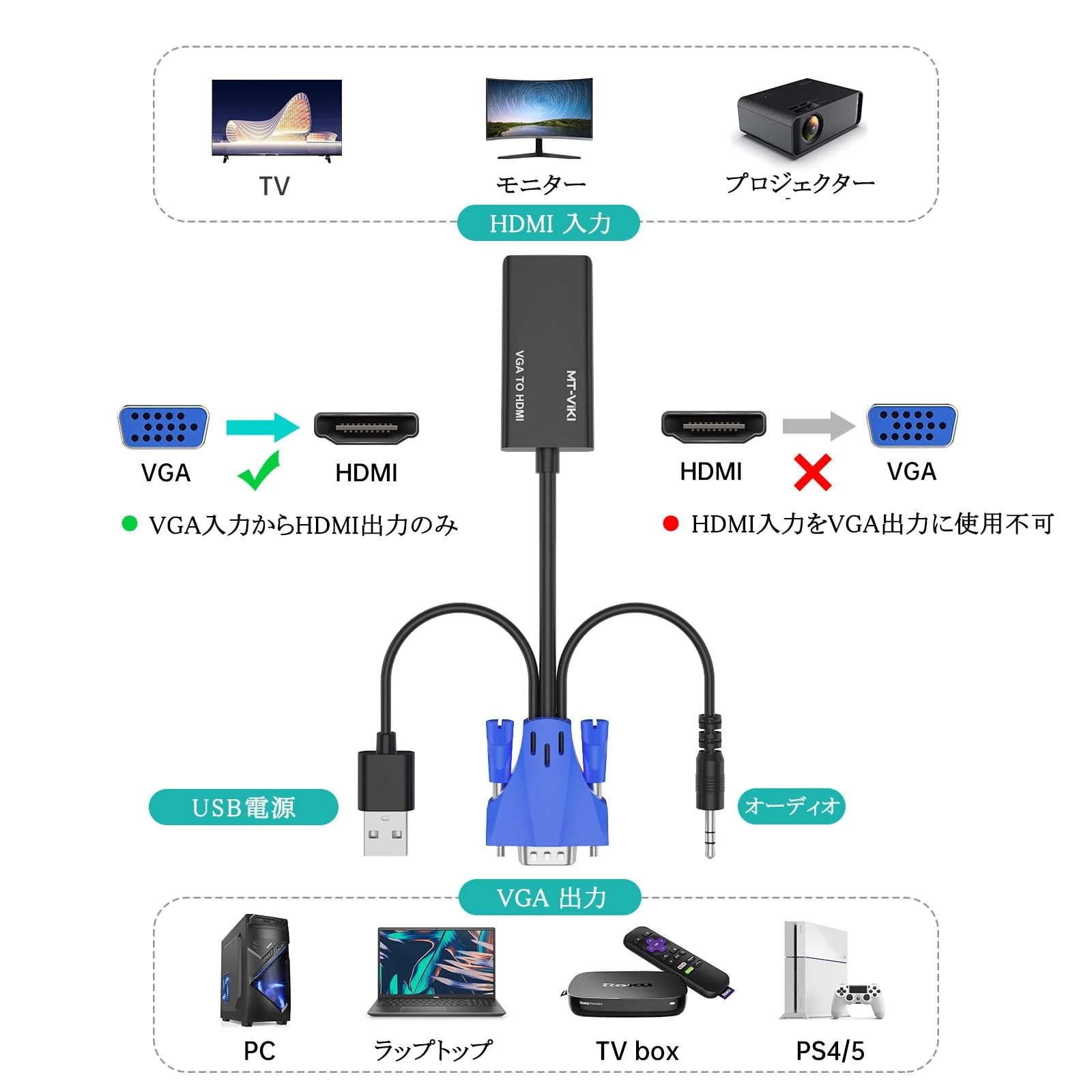 MT-VIKI VGA to HDMI Adapter, 1080P Converter with Audio+USB Power from VGA Computer/Laptop to HDMI TV/Monitor, Male to Female (1 Pack) 1 pack - Image 3