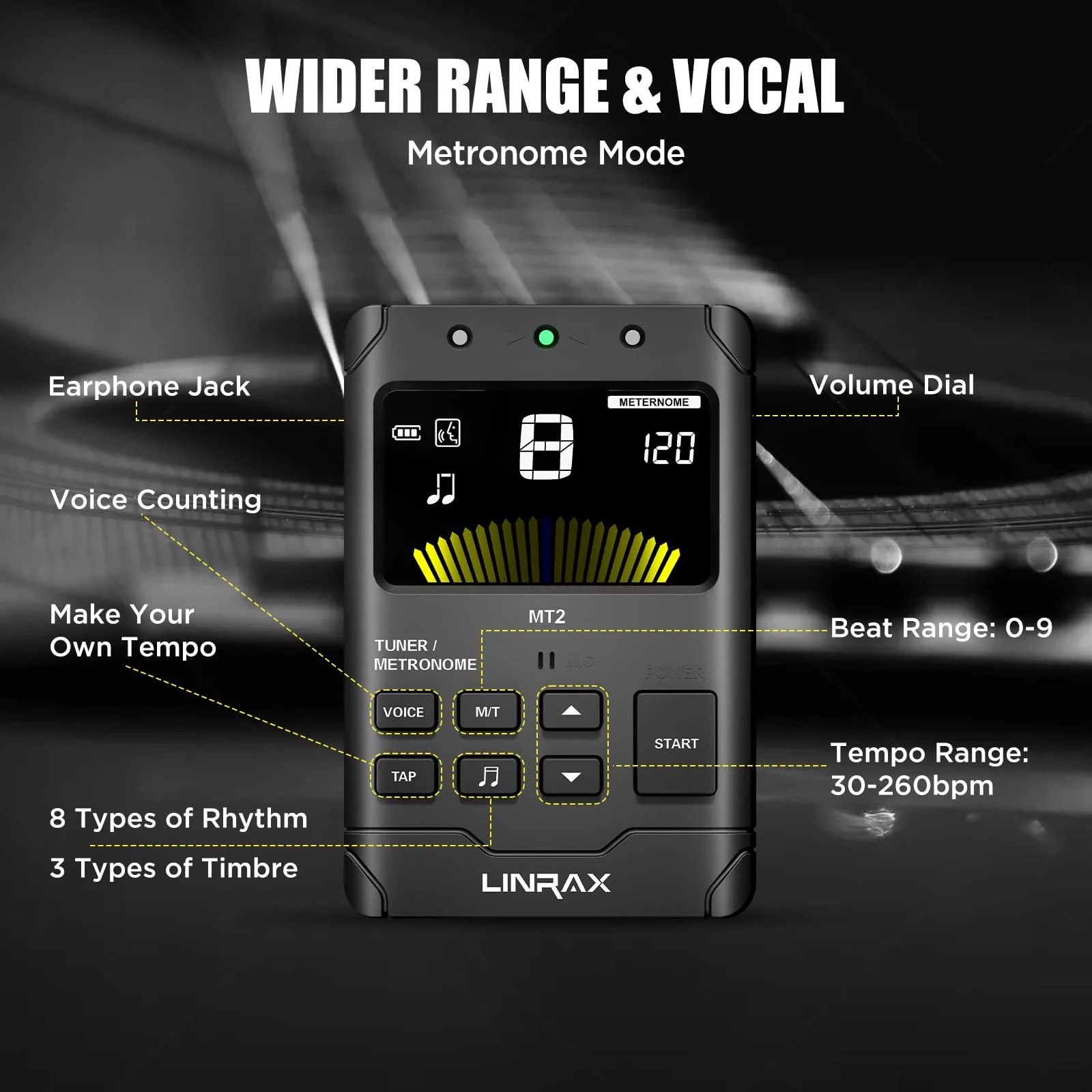 MT2 Rechargeable Metronome Tuner, 3 in 1 Digital Metronome Tuner Tone Generator for Guitar Bass Ukulele Violin Saxophone Trumpet Clarinet Flute, Voice Beat, Chromatic Tuner for All Instruments MT2 - Image 4