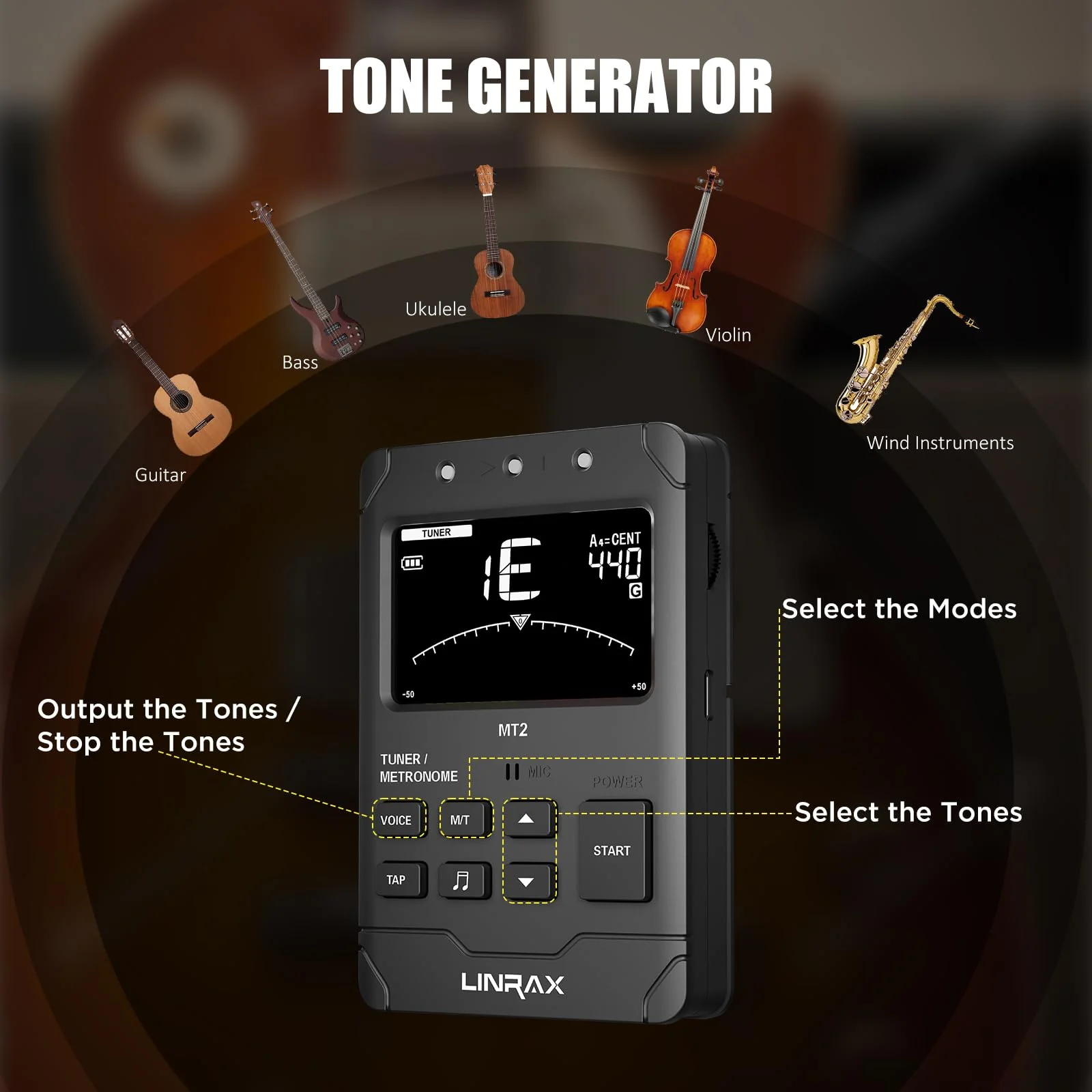MT2 Rechargeable Metronome Tuner, 3 in 1 Digital Metronome Tuner Tone Generator for Guitar Bass Ukulele Violin Saxophone Trumpet Clarinet Flute, Voice Beat, Chromatic Tuner for All Instruments MT2 - Image 5