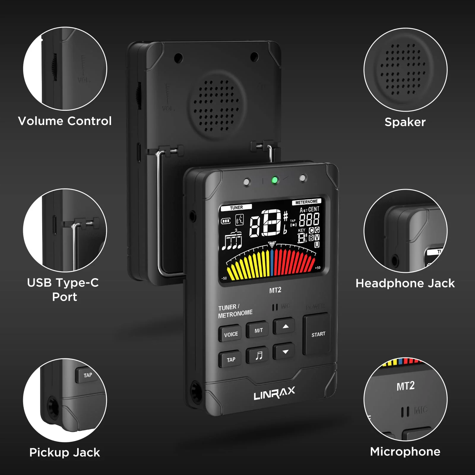 MT2 Rechargeable Metronome Tuner, 3 in 1 Digital Metronome Tuner Tone Generator for Guitar Bass Ukulele Violin Saxophone Trumpet Clarinet Flute, Voice Beat, Chromatic Tuner for All Instruments MT2 - Image 6