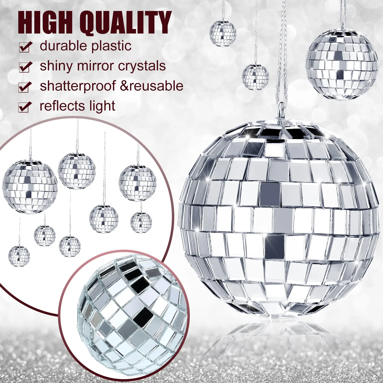 MTLEE 20 Pcs Mini Disco Ball Decoration Ornaments Hanging Mirror Disco Ball with Rope Cake Topper Different Size 70s Disco Themed Party Wedding Supplies(2.4 Inch, 2 Inch, 1.6 Inch, 1.2 Inch) 2.4 Inch, 2 Inch, 1.6 Inch, 1.2 Inch - Image 3