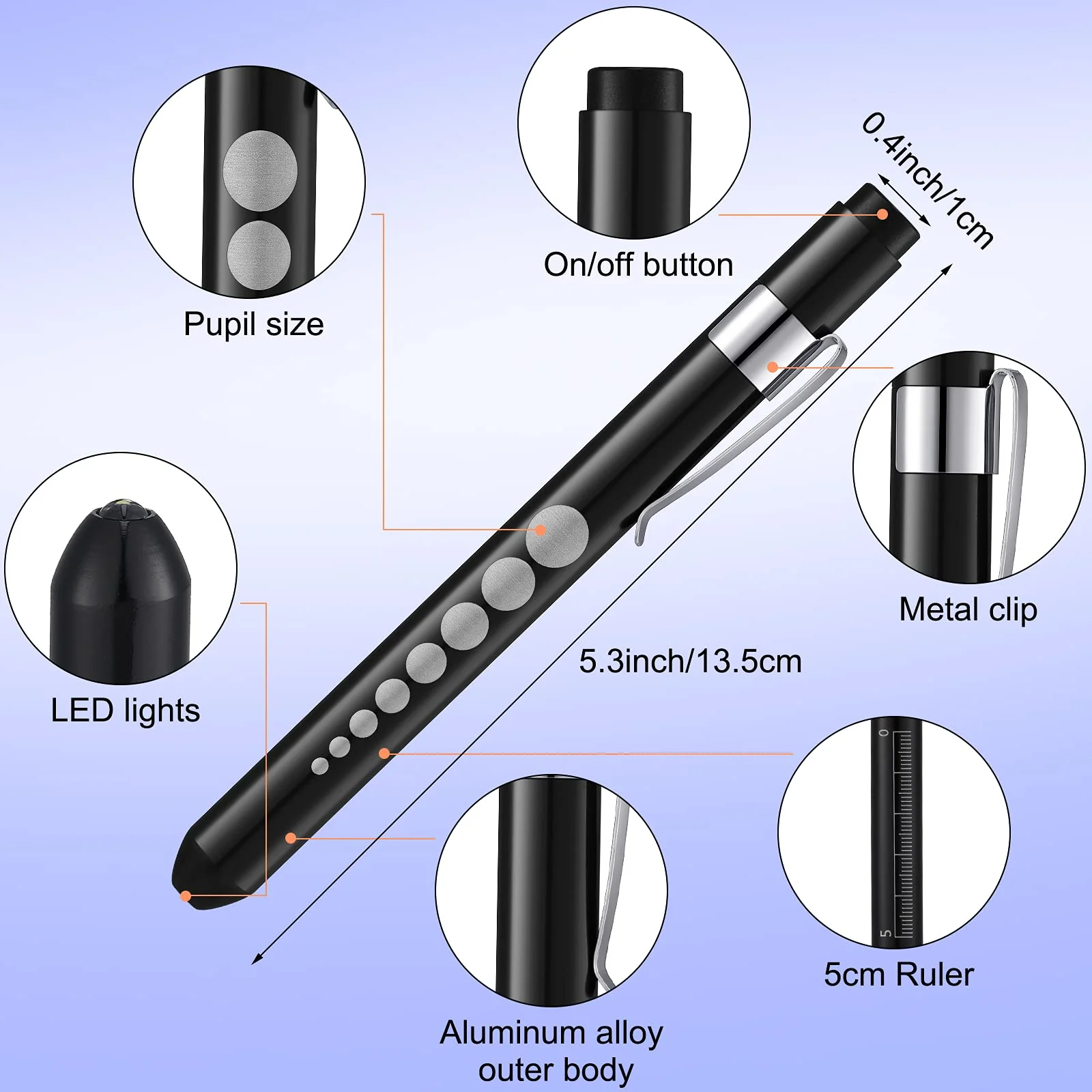 Mudder 6 Pieces Pen Light Included Batteries Reusable LED Penlight Pupil Gauge Warm Light Pen Reusable Penlights for Home Care Daily Care, (Black, Red, Blue, Purple, Gold and Silver) - Image 3