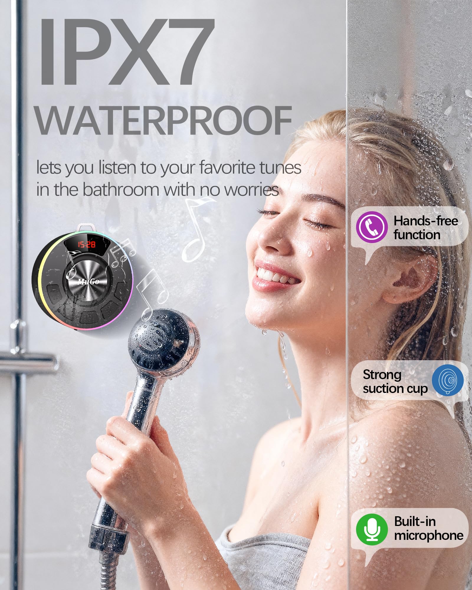MuGo Shower Bluetooth Speaker Waterproof IPX7, 360° HD Stereo Sound Bathroom Speaker Bluetooth 5.3 with RGB Lights, Suction Cup and Microphone, Mini Shower Radio for Home/Party/Outdoor Blue - Image 2