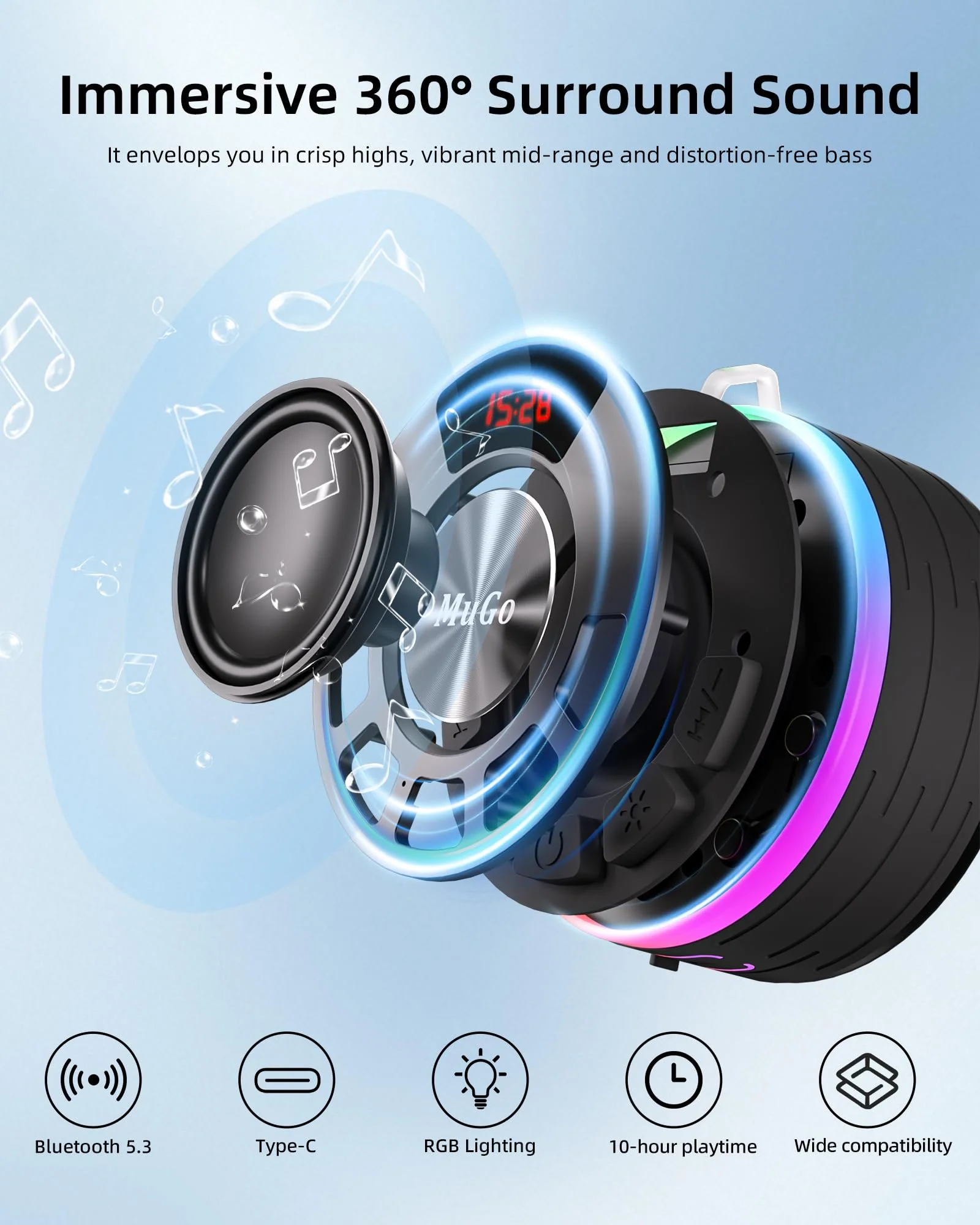 MuGo Shower Bluetooth Speaker Waterproof IPX7, 360° HD Stereo Sound Bathroom Speaker Bluetooth 5.3 with RGB Lights, Suction Cup and Microphone, Mini Shower Radio for Home/Party/Outdoor Blue - Image 3