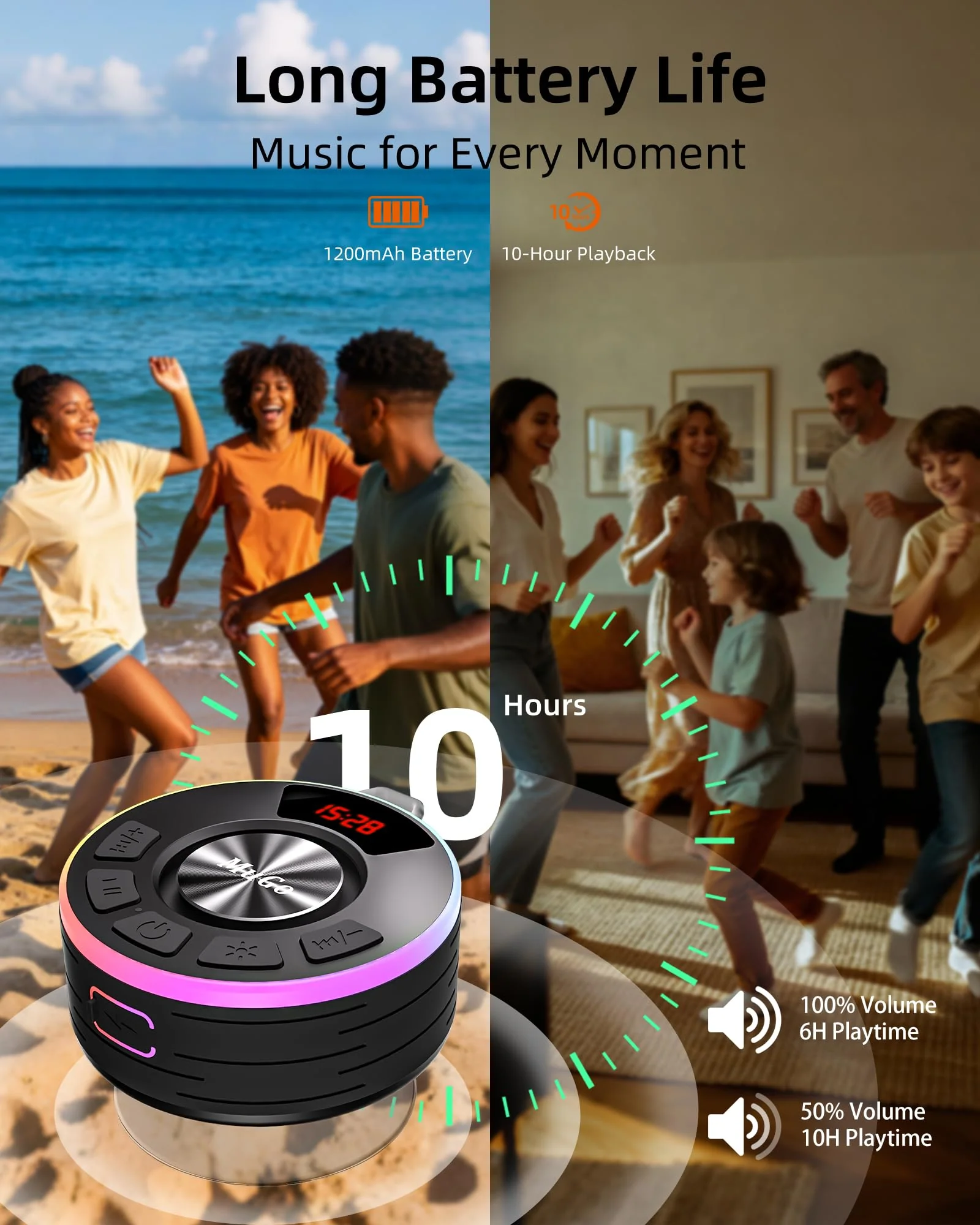 MuGo Shower Bluetooth Speaker Waterproof IPX7, 360° HD Stereo Sound Bathroom Speaker Bluetooth 5.3 with RGB Lights, Suction Cup and Microphone, Mini Shower Radio for Home/Party/Outdoor Blue - Image 4