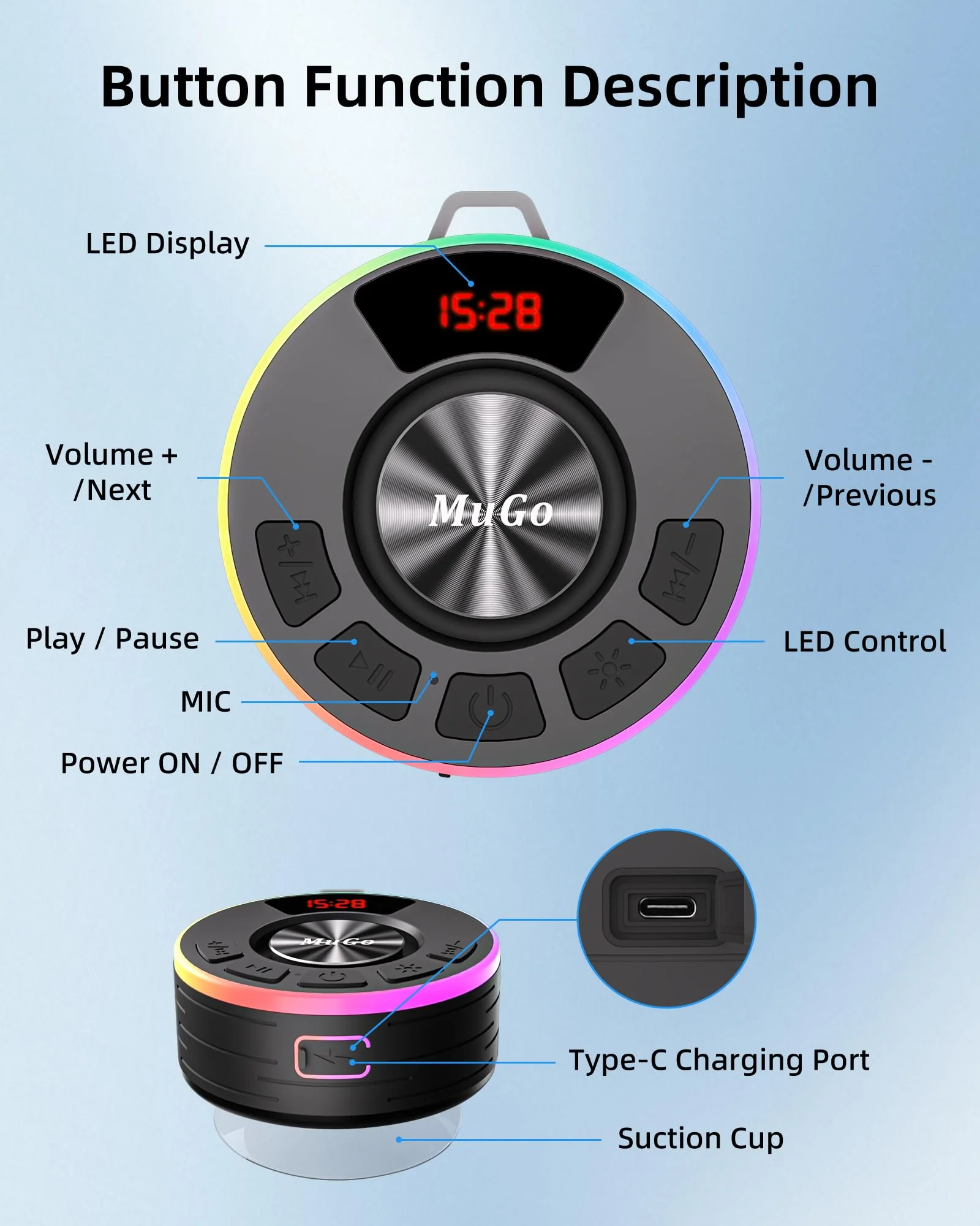 MuGo Shower Bluetooth Speaker Waterproof IPX7, 360° HD Stereo Sound Bathroom Speaker Bluetooth 5.3 with RGB Lights, Suction Cup and Microphone, Mini Shower Radio for Home/Party/Outdoor Blue - Image 5