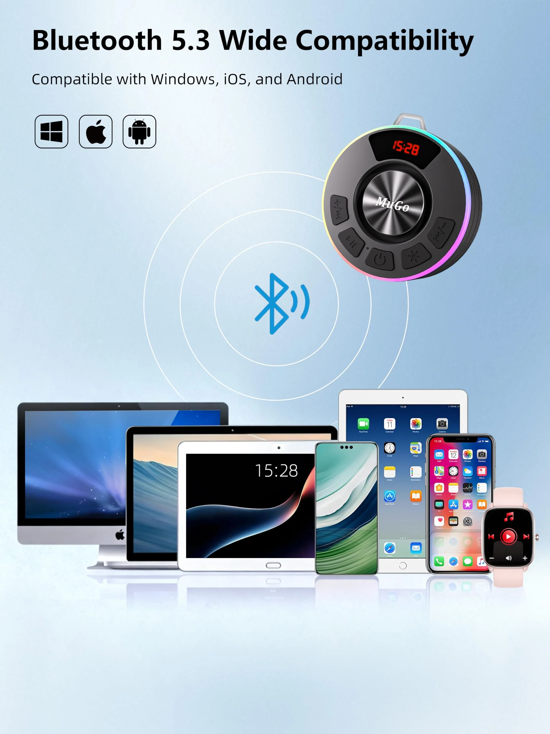MuGo Shower Bluetooth Speaker Waterproof IPX7, 360° HD Stereo Sound Bathroom Speaker Bluetooth 5.3 with RGB Lights, Suction Cup and Microphone, Mini Shower Radio for Home/Party/Outdoor Blue - Image 7