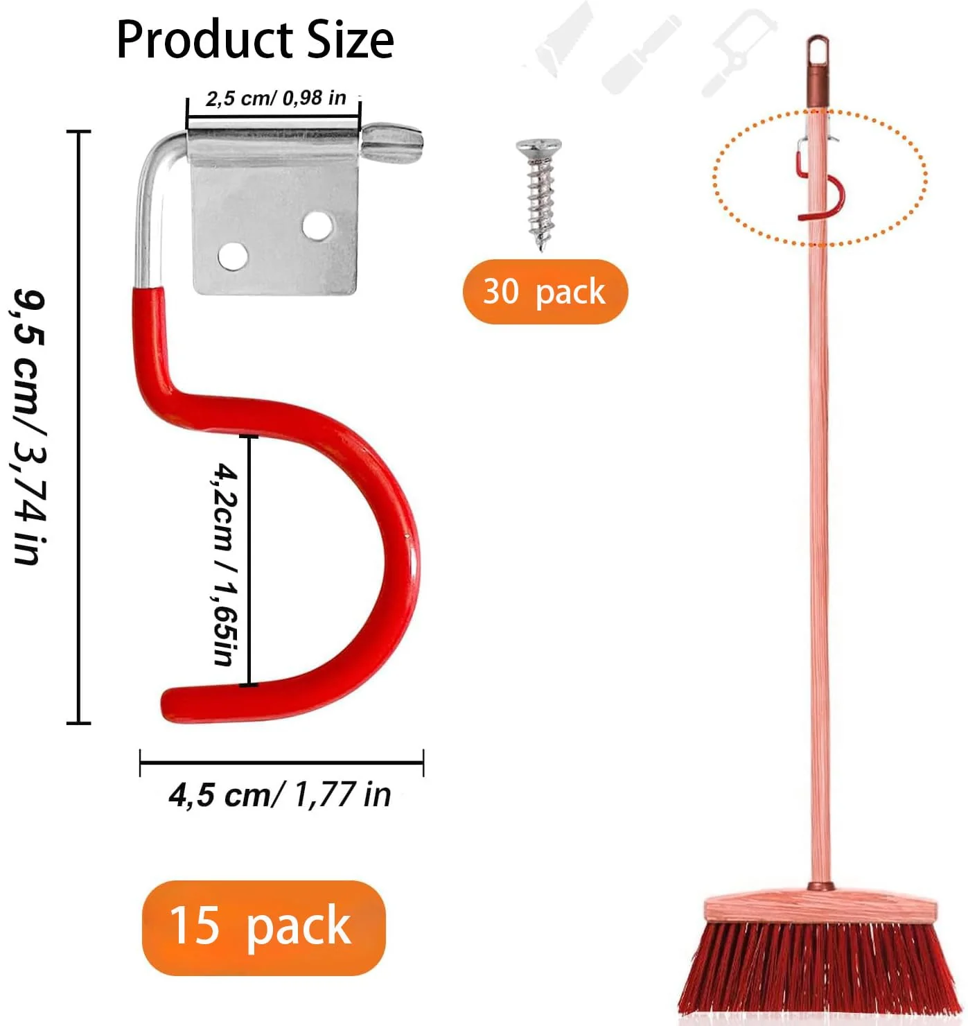 Mujiluxe Rubber Coating Garden Tools, Garden Tool Holder, Metal Hooks, Pack of 15 Red Hooks, Broom Holder, Tool Holder, with 30 Screws - Image 2