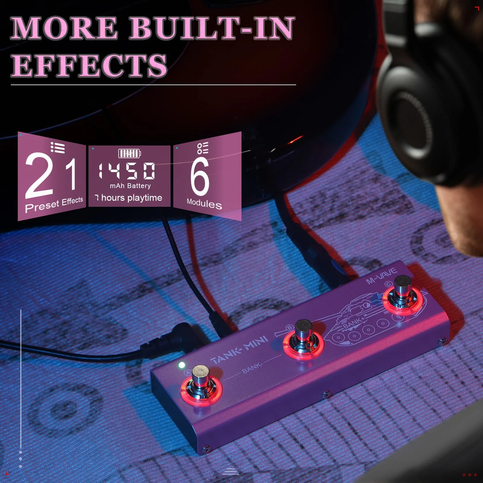 Multi Effects Guitar Pedal,Built-in 1450mAh Rechargeable Battery Electric Guitar Efector with 21 Editable Presets,Chorus,Delay,Reverb,Amp,MOD,IR CAB,Recording,Tuner,BT connection. Tank-Mini Multi-effects Pedal - Image 3