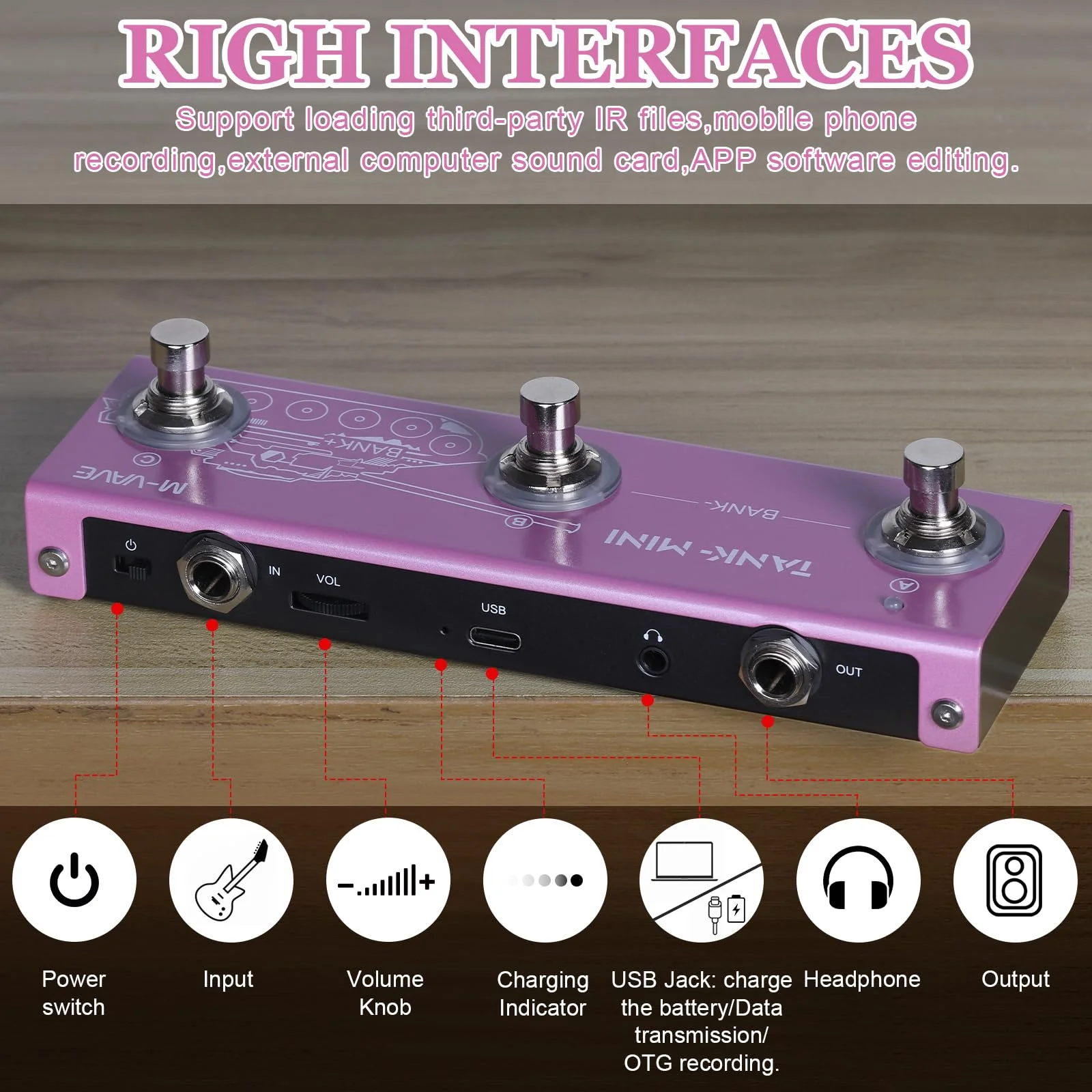 Multi Effects Guitar Pedal,Built-in 1450mAh Rechargeable Battery Electric Guitar Efector with 21 Editable Presets,Chorus,Delay,Reverb,Amp,MOD,IR CAB,Recording,Tuner,BT connection. Tank-Mini Multi-effects Pedal - Image 4