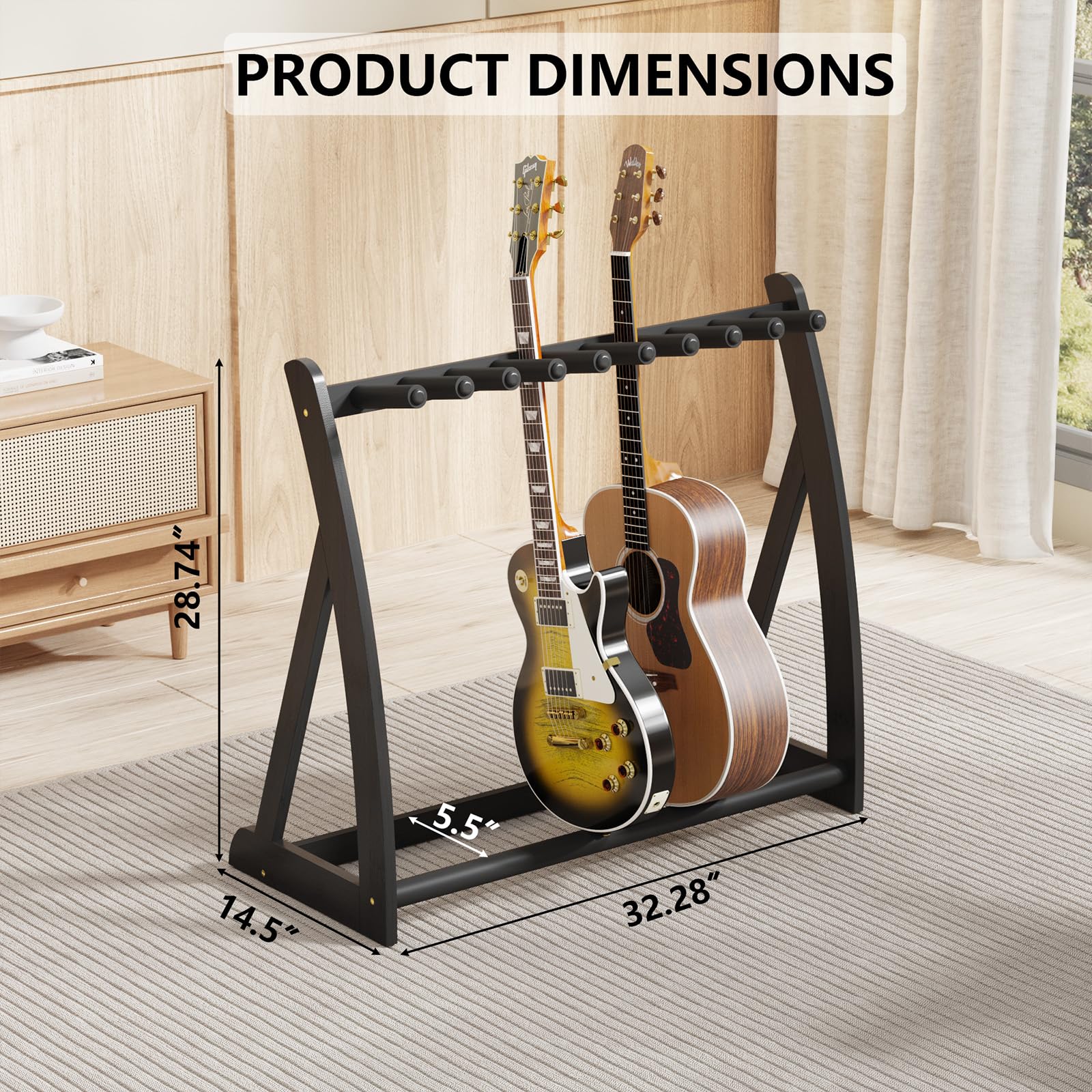 Multi Guitar Stand Heavy Duty - Wood Floor Stand for Electric Guitar and Bass, Adjustable Non-Slip Guitar Rack, Holds Multiple Guitars & Basses (Electric Guitar Stand, Bass Stand, Wood Guitar Stand) Black - Image 2