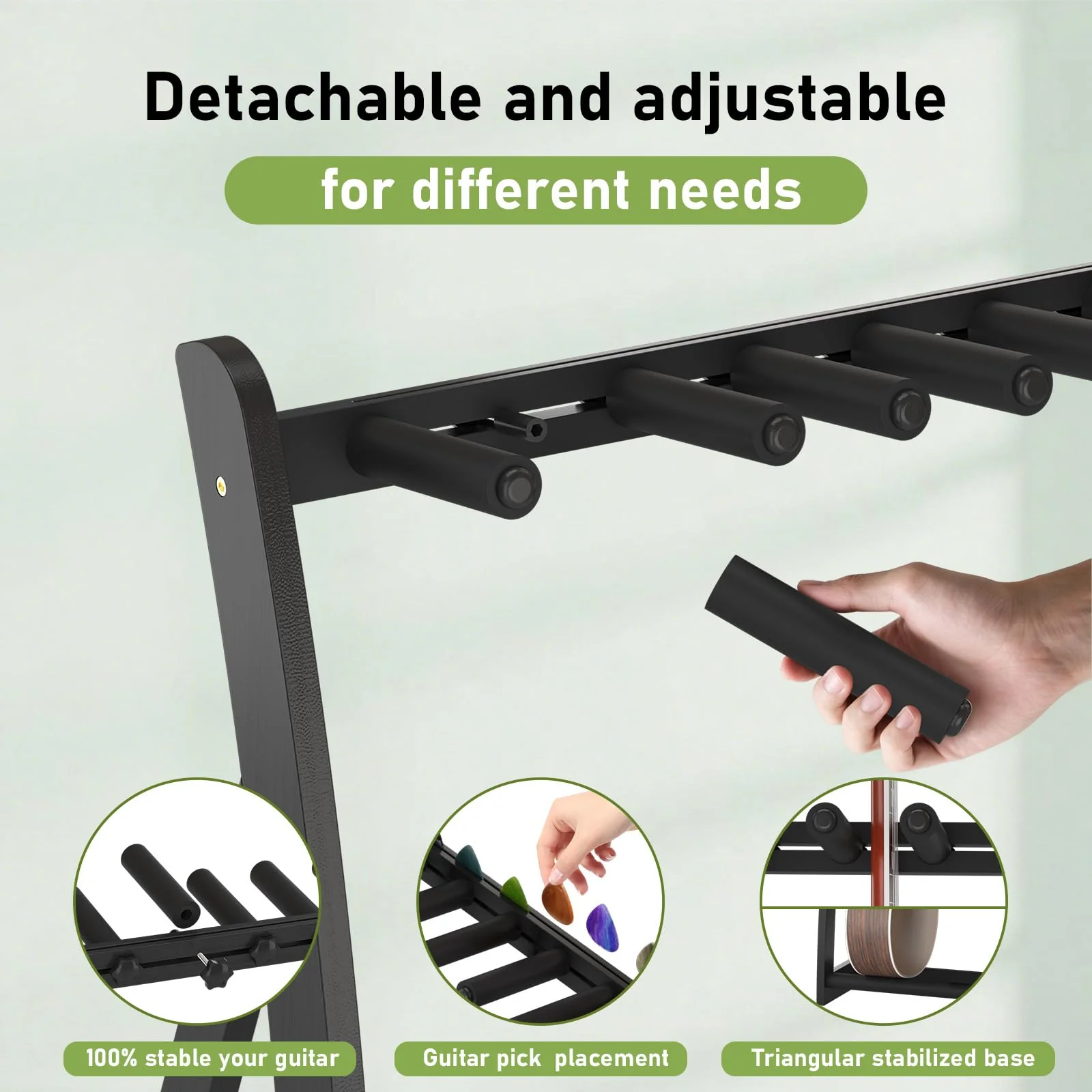 Multi Guitar Stand Heavy Duty - Wood Floor Stand for Electric Guitar and Bass, Adjustable Non-Slip Guitar Rack, Holds Multiple Guitars & Basses (Electric Guitar Stand, Bass Stand, Wood Guitar Stand) Black - Image 3