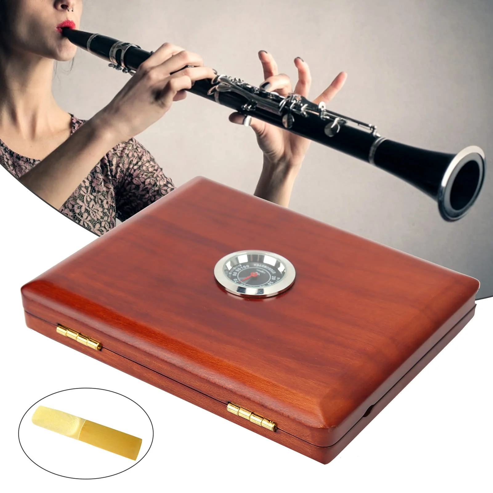 Multi-Instrument Case Saxophone Clarinet Case for 5-Reeds Solid Wood Holding Storing Box with Hygrometer and a Magnet Switch Design(Amber Color) Amber Color - Image 3
