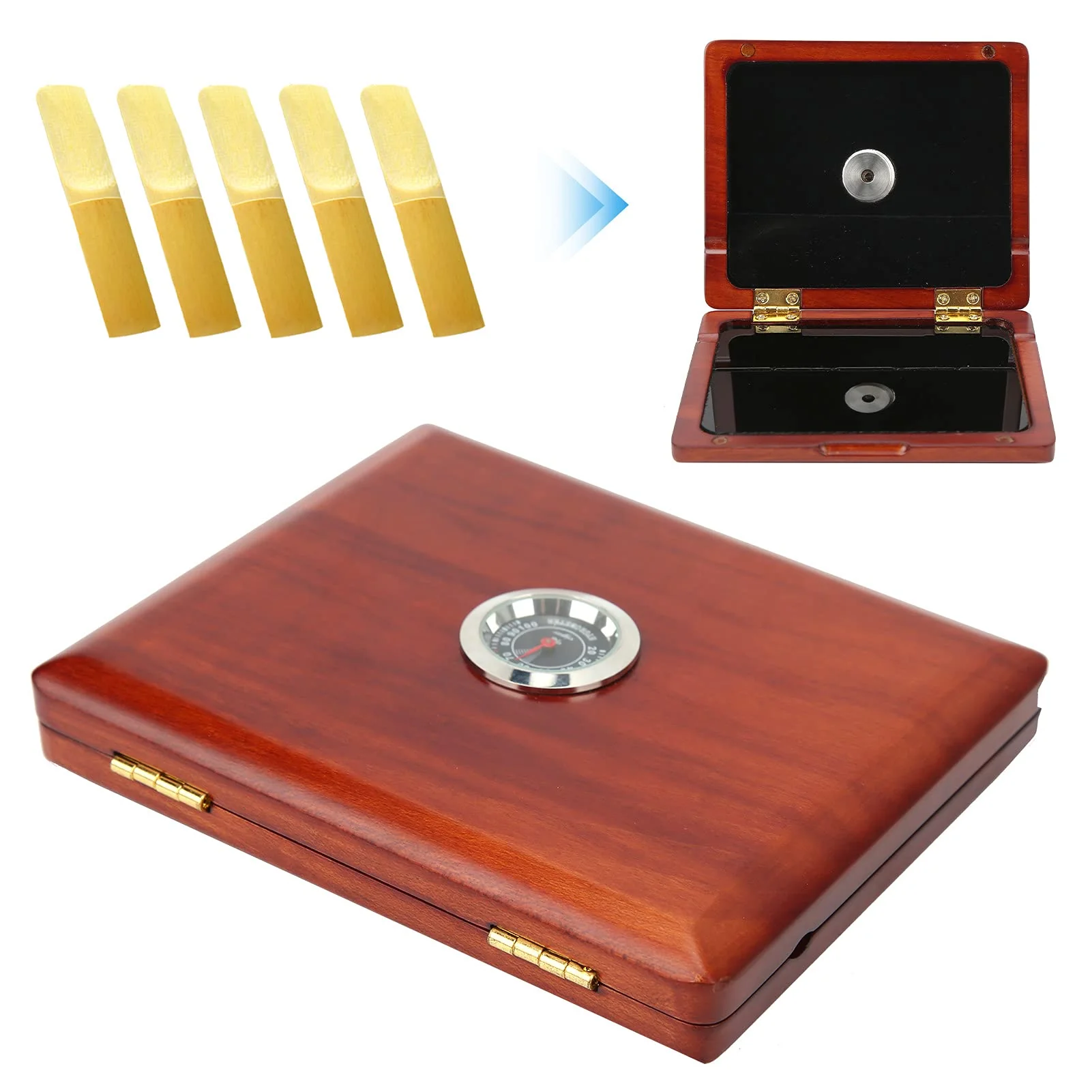 Multi-Instrument Case Saxophone Clarinet Case for 5-Reeds Solid Wood Holding Storing Box with Hygrometer and a Magnet Switch Design(Amber Color) Amber Color - Image 6