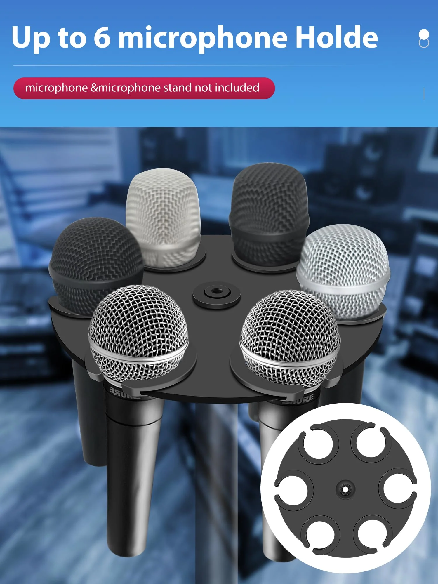 Multi-Mic Holder Up to 6 Mics (Aluminum/Rubber Padding) for Handheld Dynamic, Wired & Wireless Mics, Mic Stand Organizer, Mounts to 5/8"-27 or 3/8"-16 Threaded Stands - Image 3