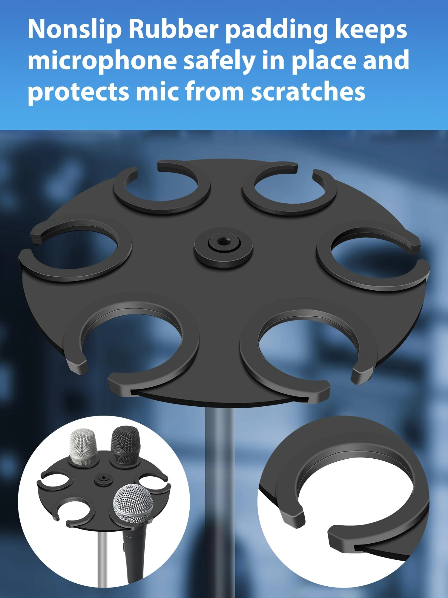 Multi-Mic Holder Up to 6 Mics (Aluminum/Rubber Padding) for Handheld Dynamic, Wired & Wireless Mics, Mic Stand Organizer, Mounts to 5/8"-27 or 3/8"-16 Threaded Stands - Image 4