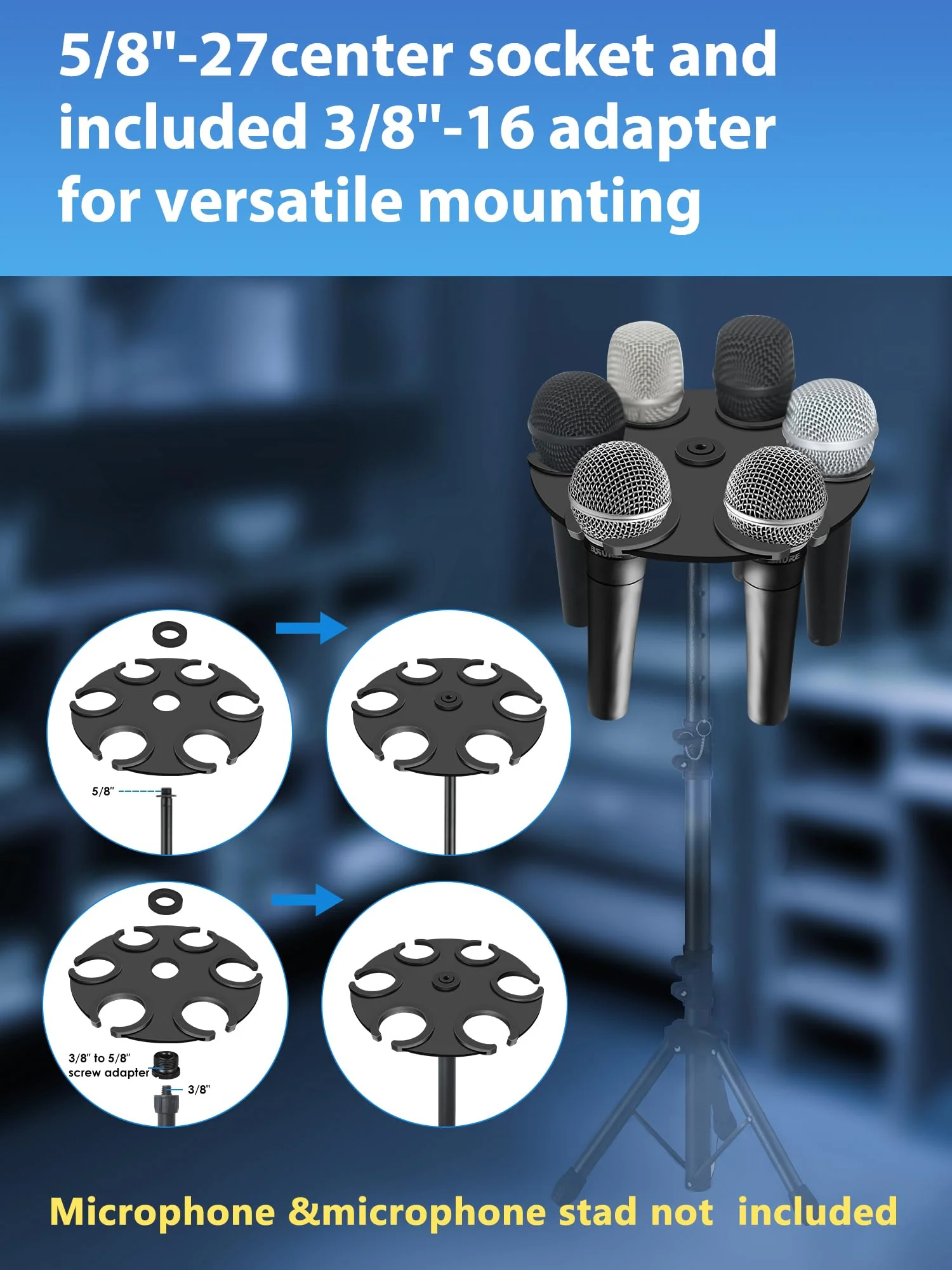 Multi-Mic Holder Up to 6 Mics (Aluminum/Rubber Padding) for Handheld Dynamic, Wired & Wireless Mics, Mic Stand Organizer, Mounts to 5/8"-27 or 3/8"-16 Threaded Stands - Image 5
