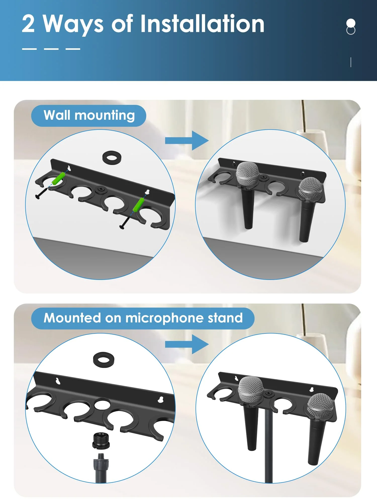 Multi Microphone Holder (Aluminum) for Handheld Dynamic, Wired and Wireless Mics, Multiple Mic Organizer for Mic Stand, Rubber Padding/Wall Mounted or Mounted to 5/8"-27 or 3/8"-16 Threaded Stands Up to 4 Mics - Image 2