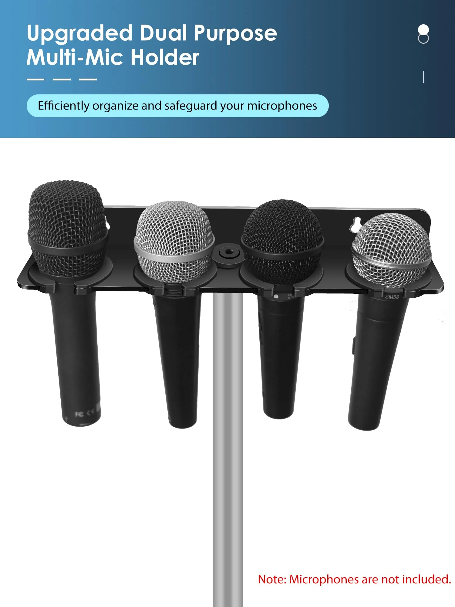 Multi Microphone Holder (Aluminum) for Handheld Dynamic, Wired and Wireless Mics, Multiple Mic Organizer for Mic Stand, Rubber Padding/Wall Mounted or Mounted to 5/8"-27 or 3/8"-16 Threaded Stands Up to 4 Mics - Image 3